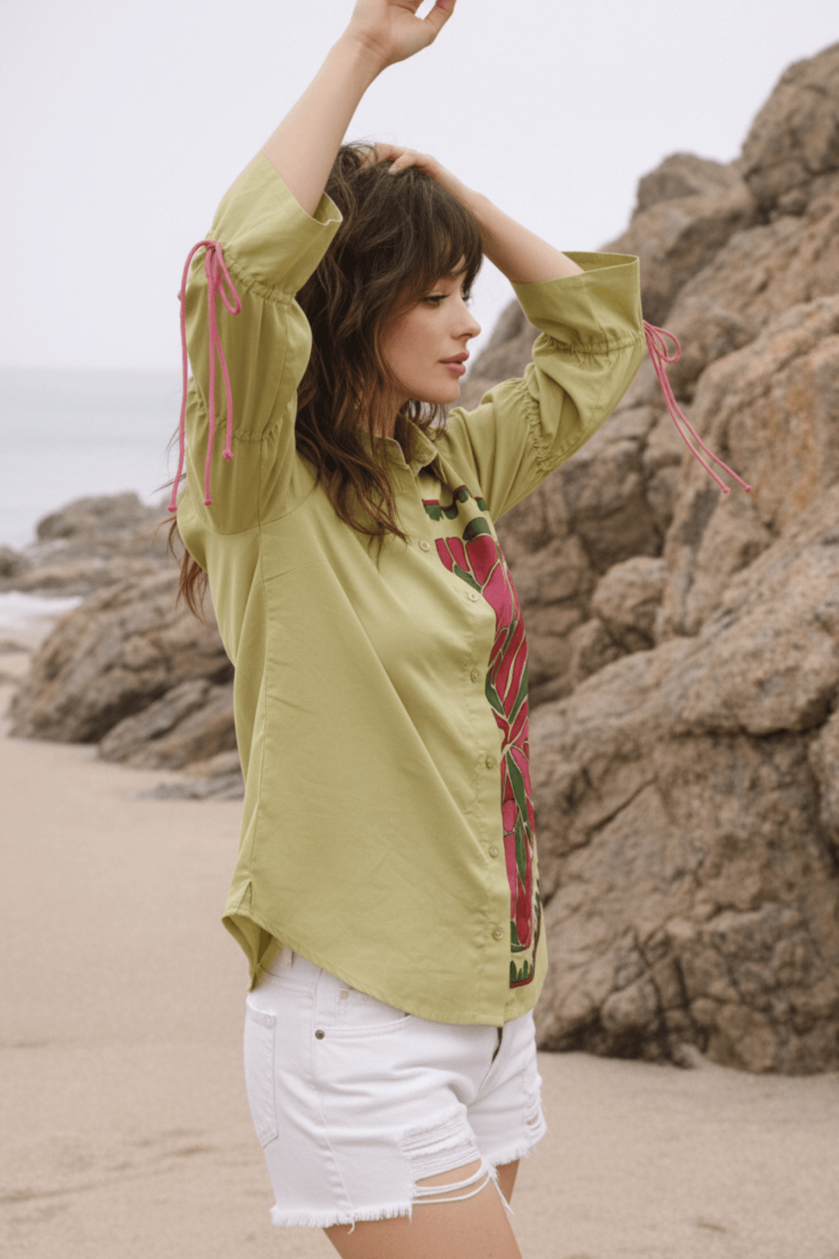 Relaxed Fit Printed Cotton Green Shirt. - Freyaa