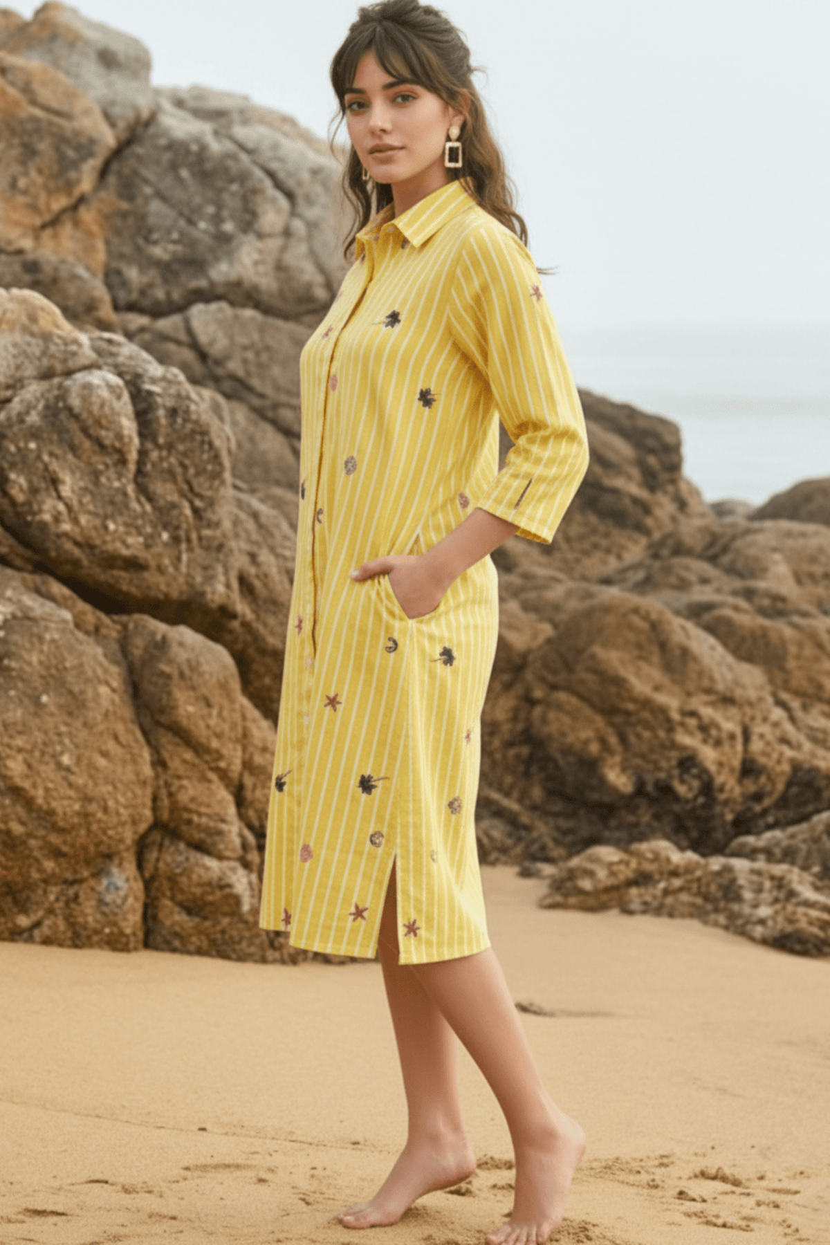 Yellow Striped Embroidered Shirt Dress - Freyaa