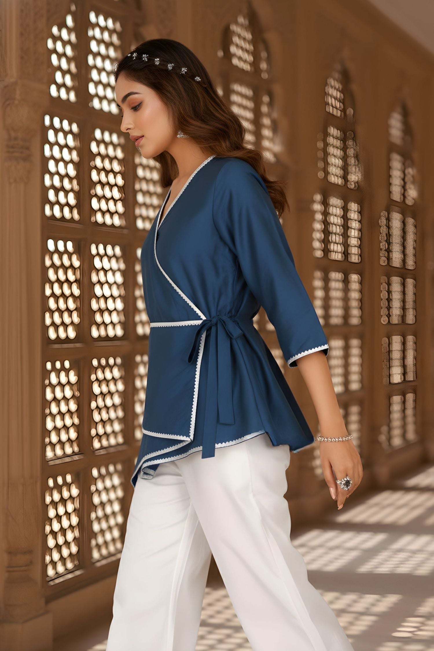 Blue Wrap-Style Asymmetric Top