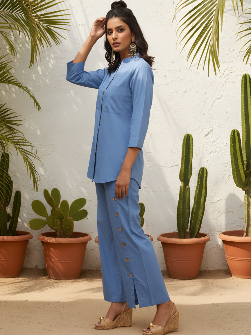 Blue Solid Chic Cotton Cord Set