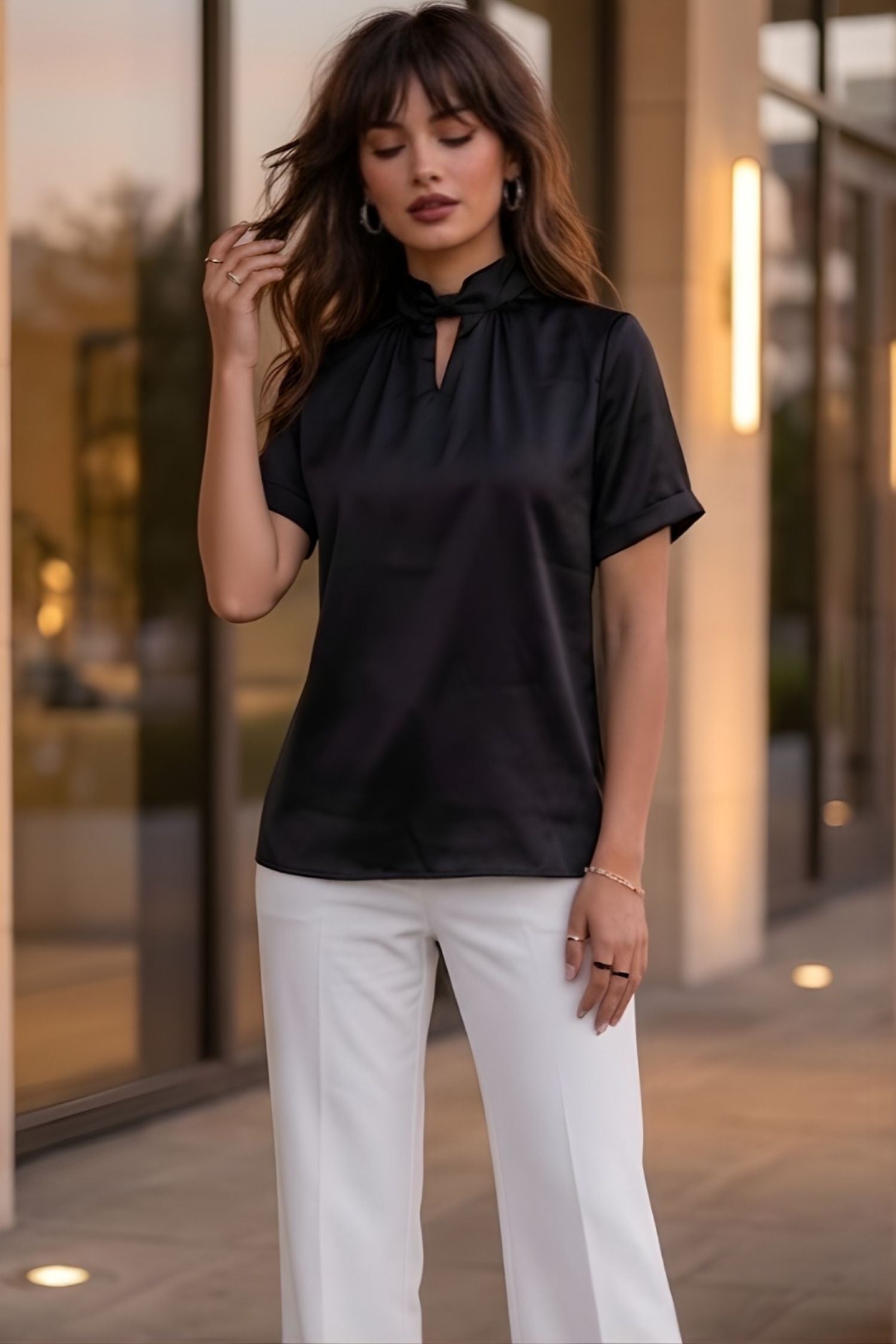 Black Satin Keyhole Neck Top