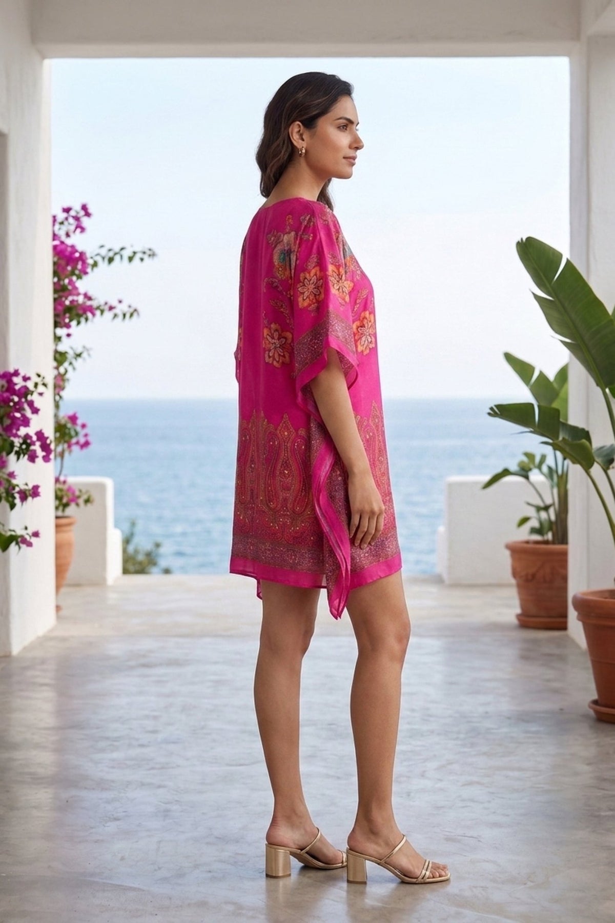 Fuchsia Pink Printed Short Kaftan Dress - Freyaa USA & Canada