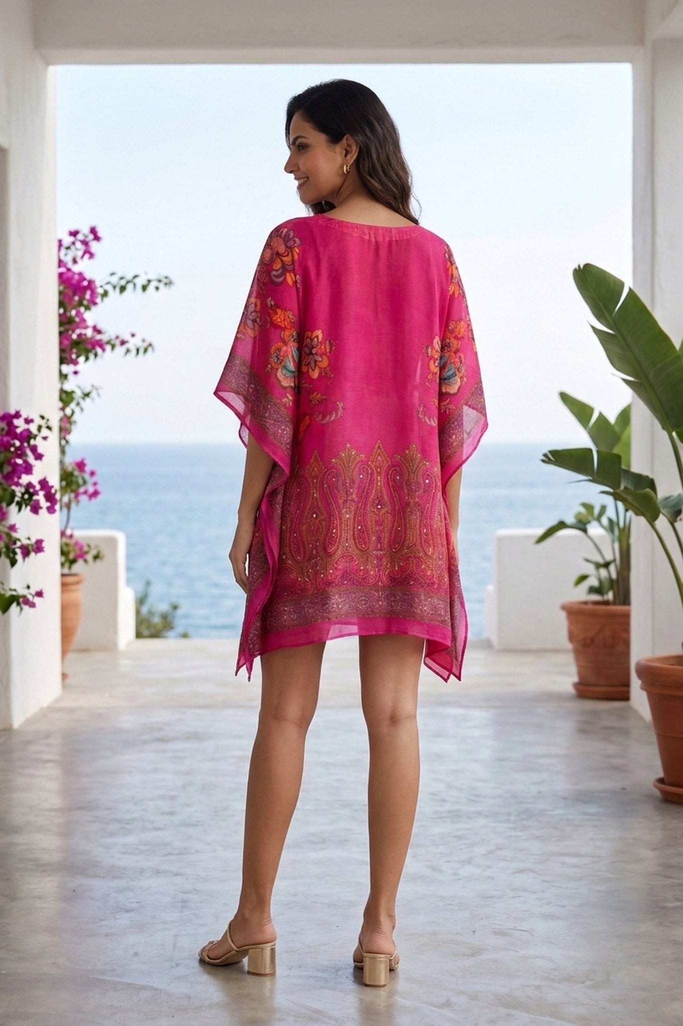 Fuchsia Pink Printed Short Kaftan Dress - Freyaa USA & Canada