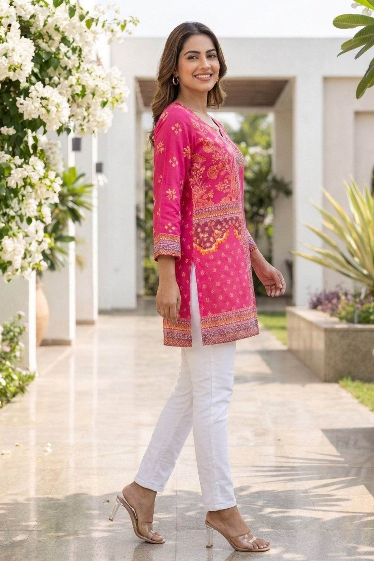 Fuchsia Pink Printed Straight Short Kurti Top - Freyaa USA & Canada