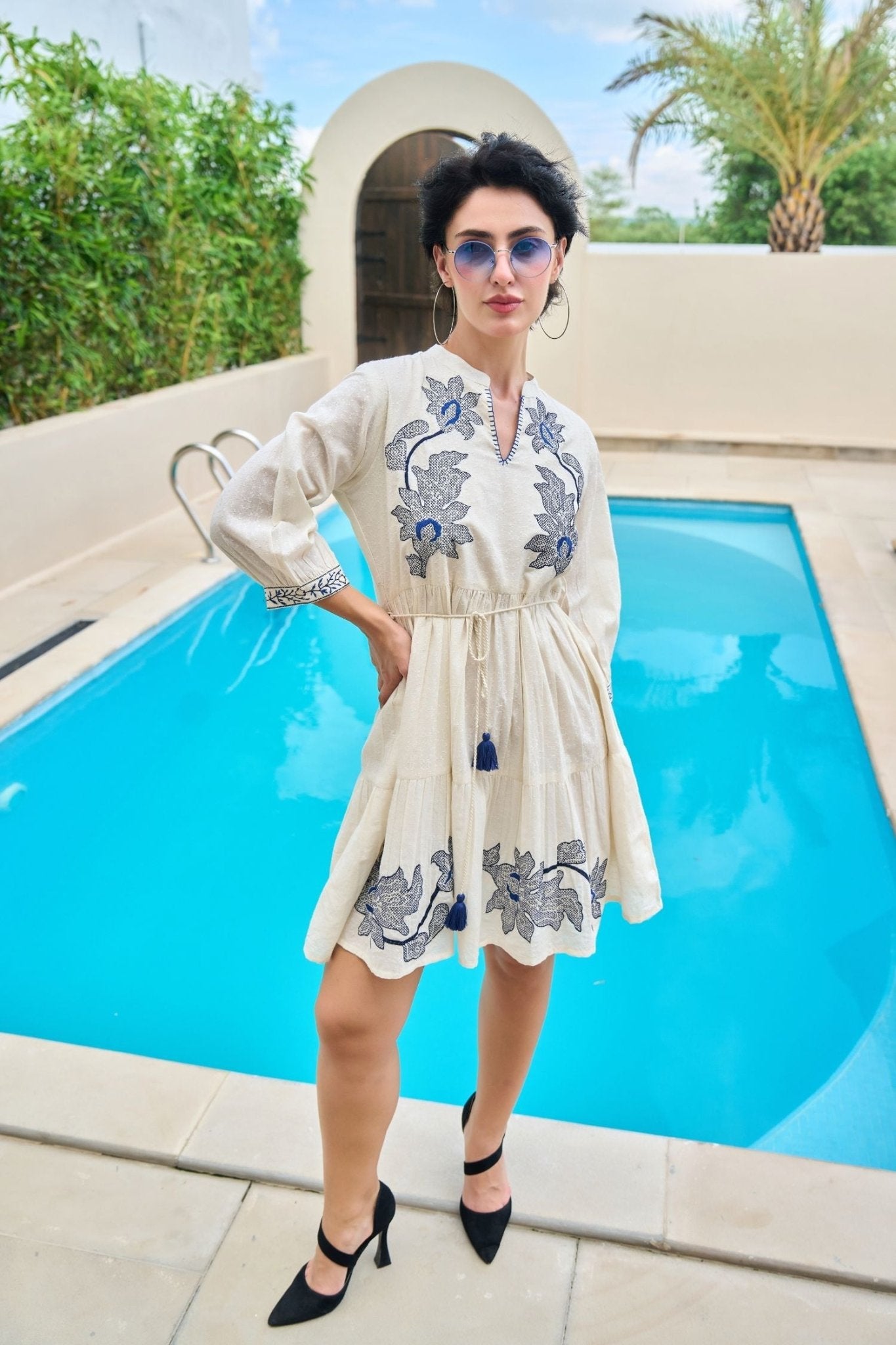 Blue Thread Embroidery Tunic - Freyaa USA & Canada