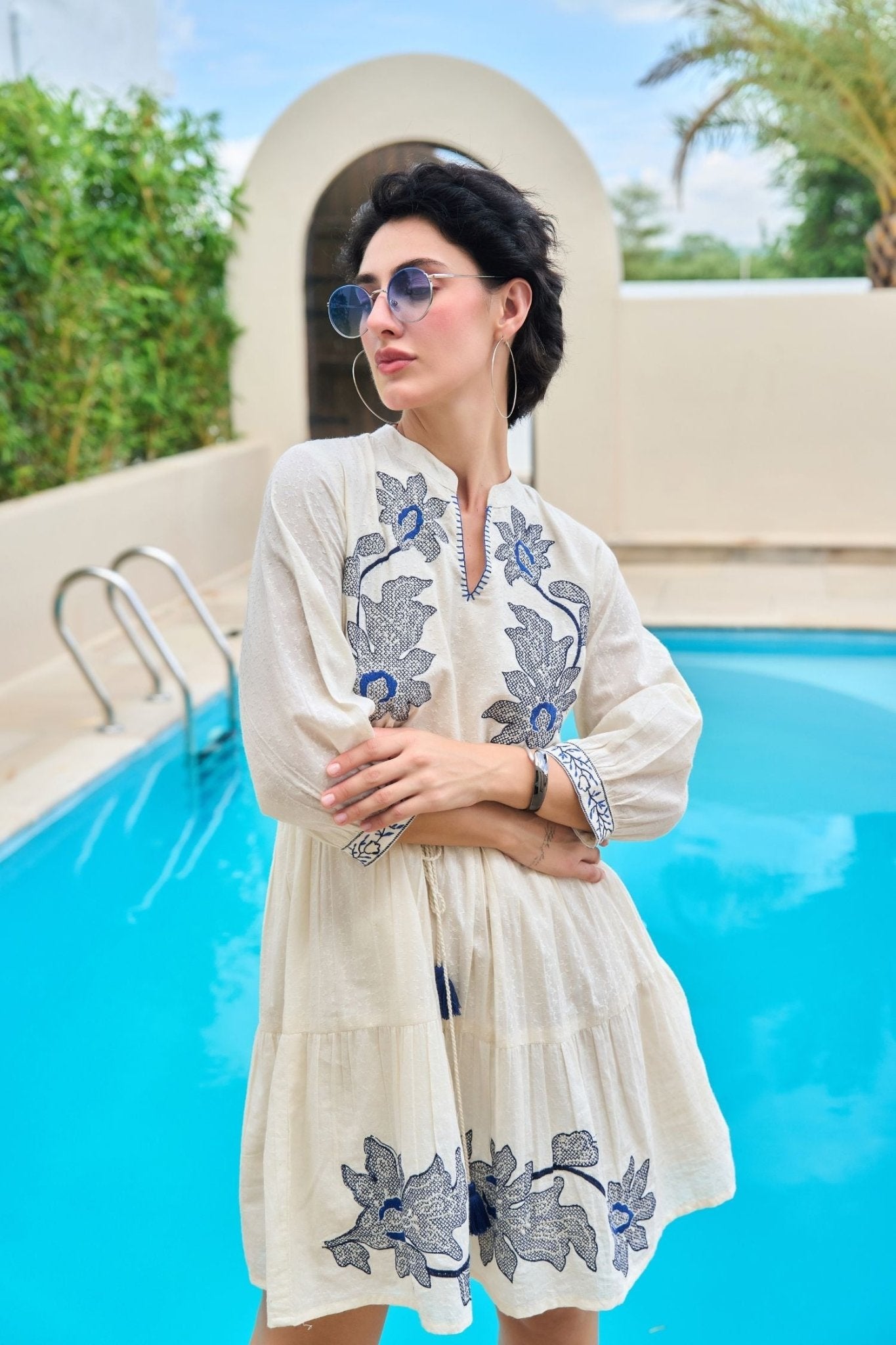 Blue Thread Embroidery Tunic - Freyaa USA & Canada