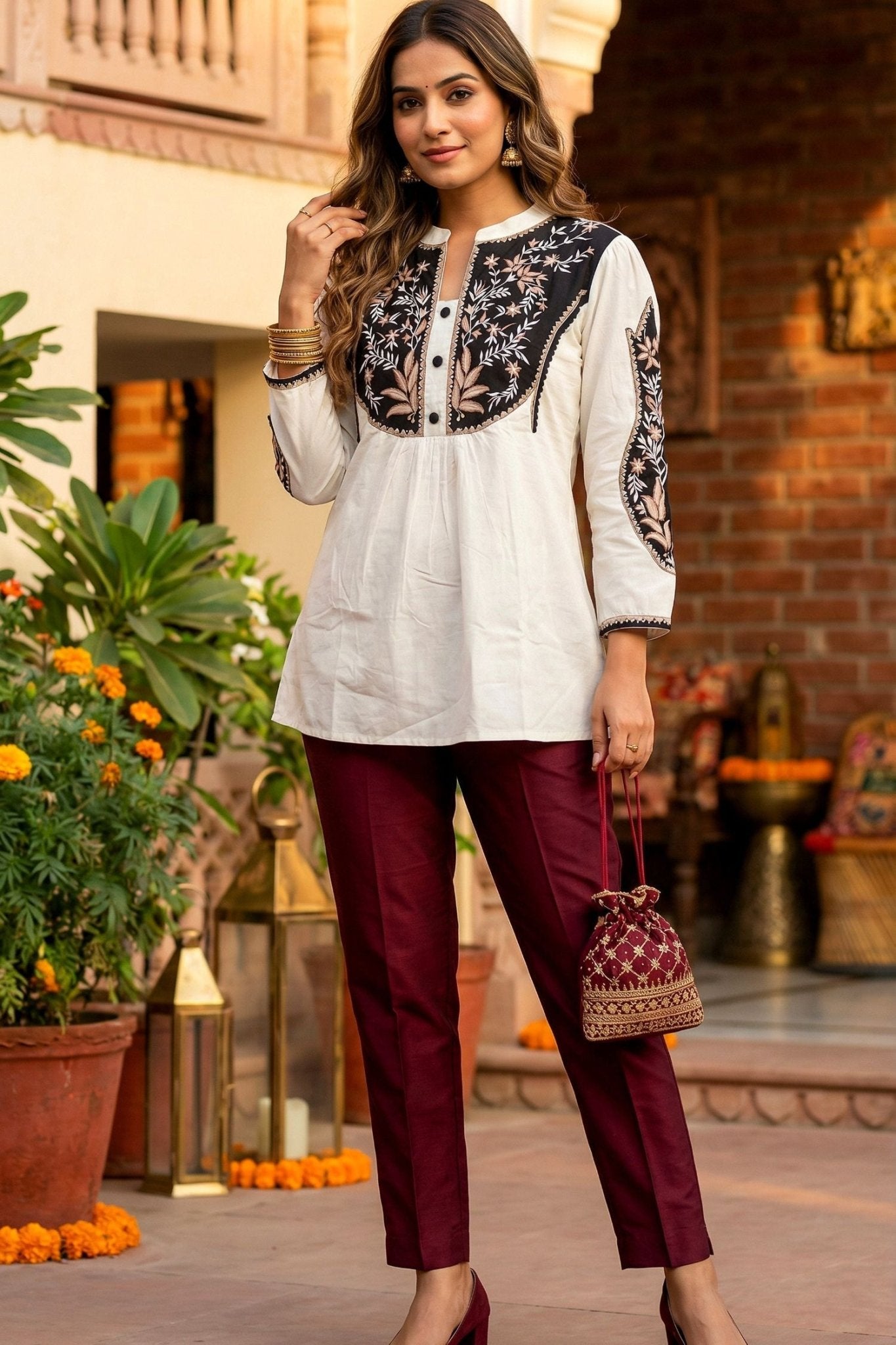 White Aura Line Pattern A-Line Top with Floral Neck - Freyaa USA & Canada