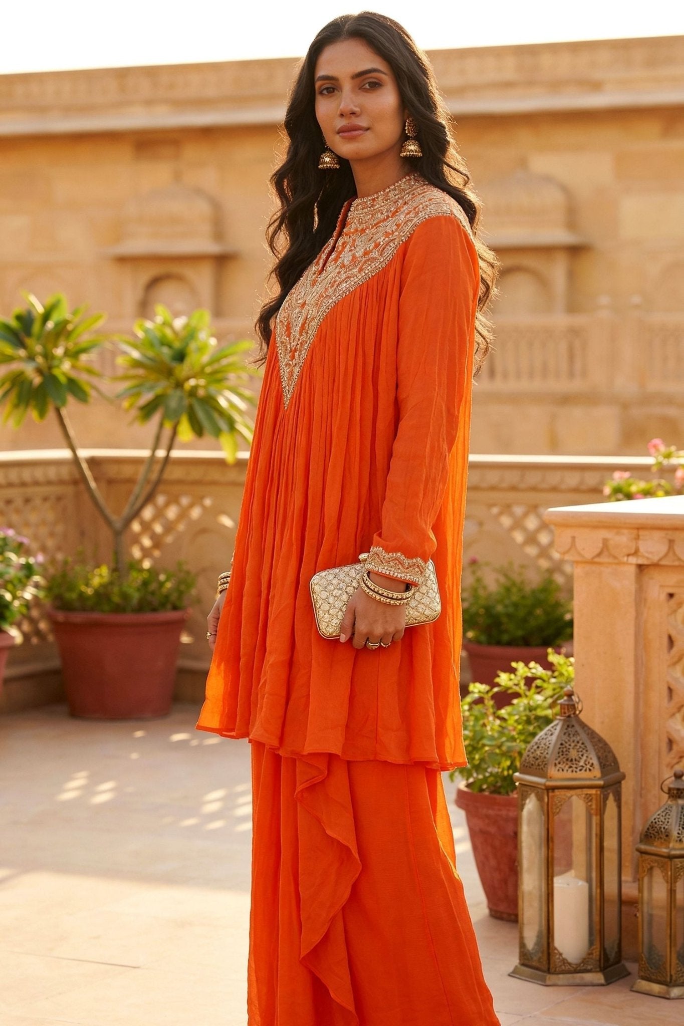 Orange Embroidered Neck Co-Ord Set with Sharara Bottom - Freyaa USA & Canada