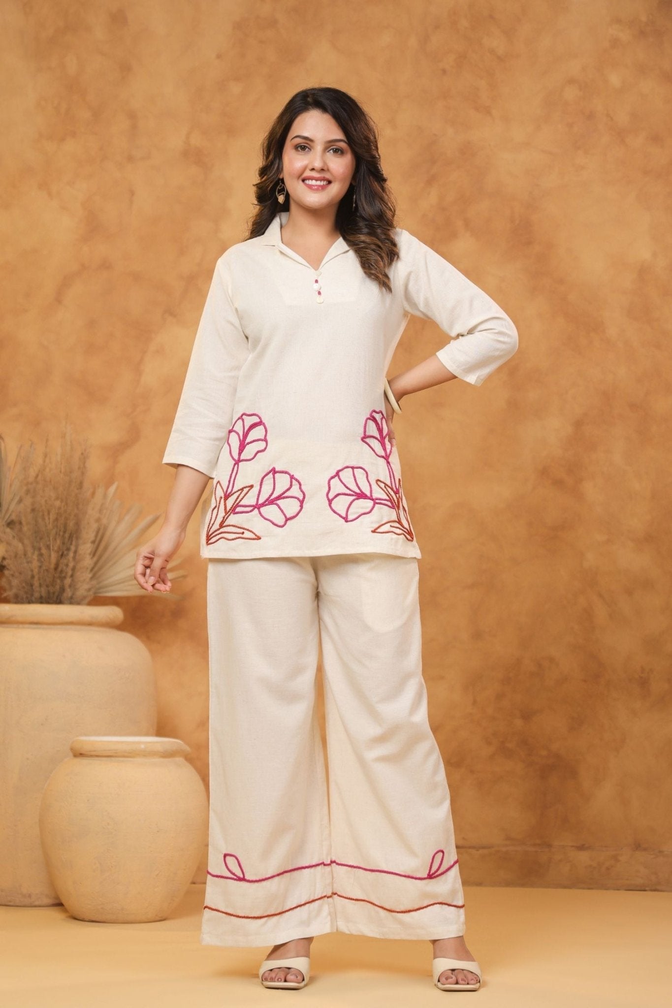 Cream Floral Work Cord Set - Freyaa USA & Canada