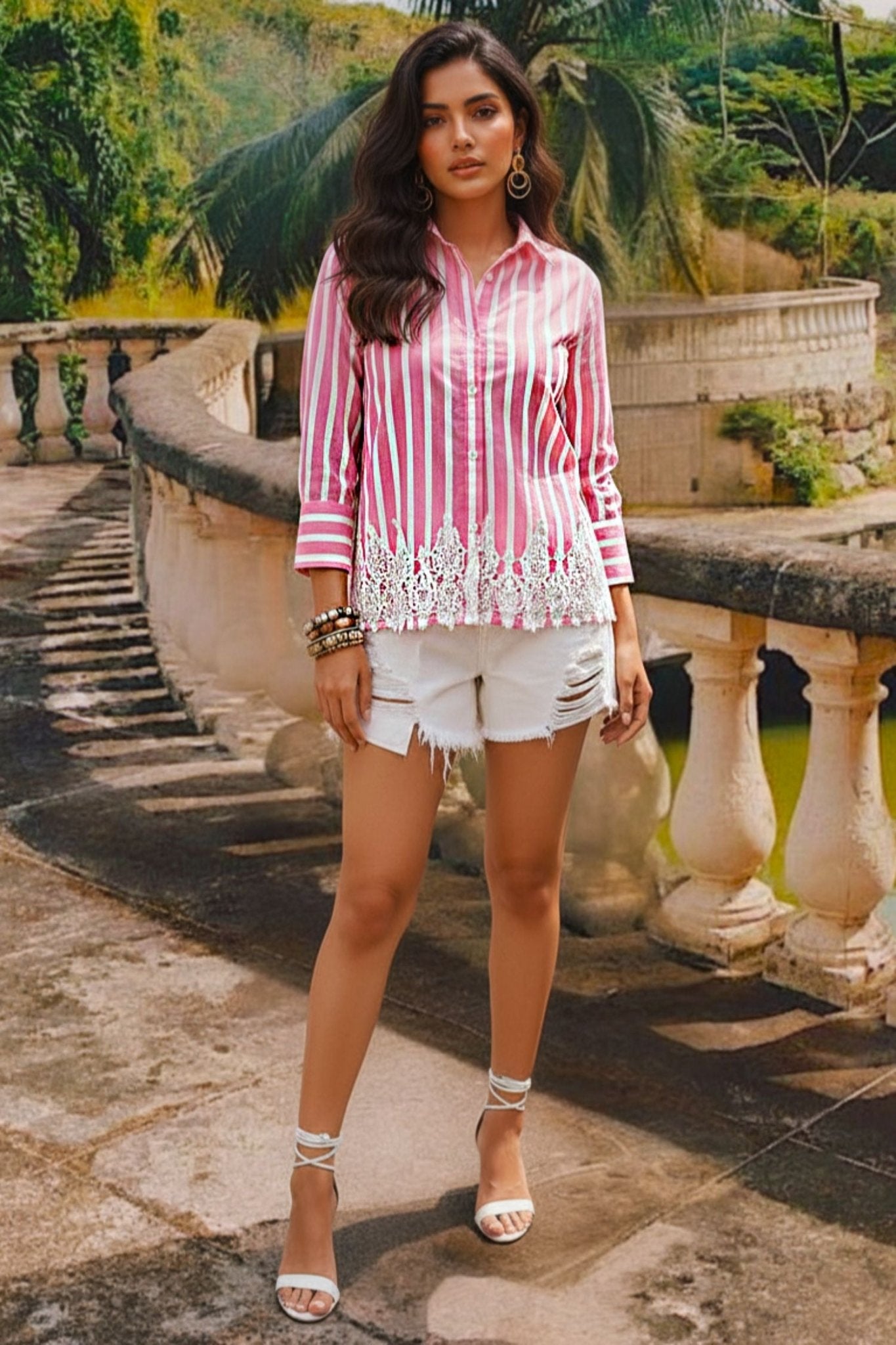 Classic Pink Cotton Shirt with Lace Pattern - Freyaa USA & Canada