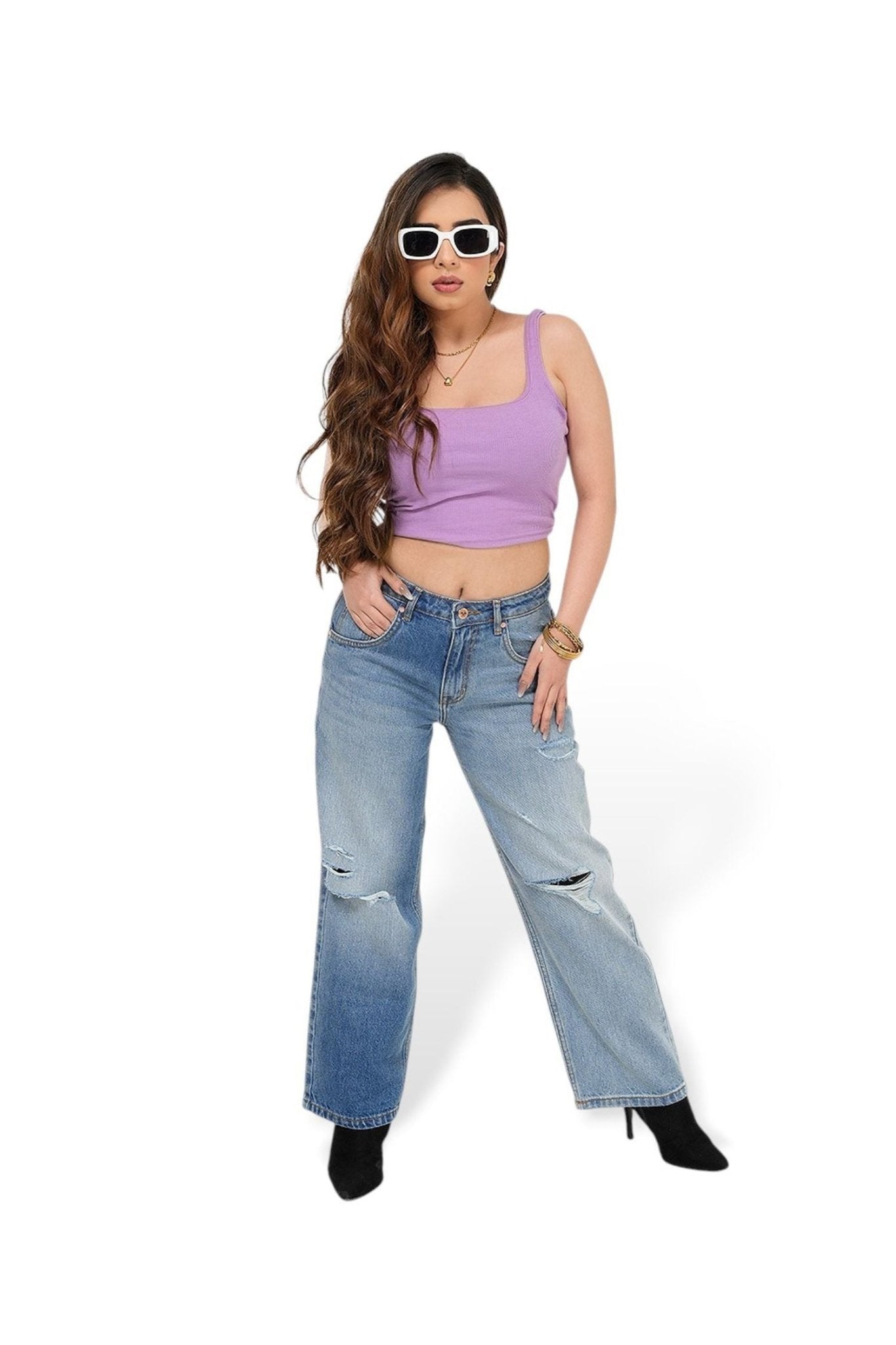 Light Blue Ripped Knee Denim Jeans - Freyaa USA & Canada
