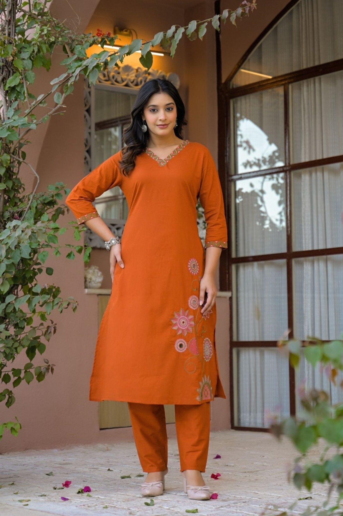 Orange Embroidered Co-ord Set - Freyaa USA & Canada