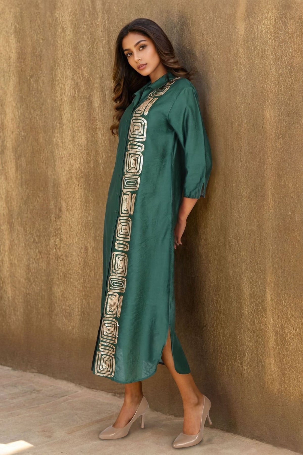 Green Satin Long Dress with Artistic Block Print Work - Freyaa USA & Canada