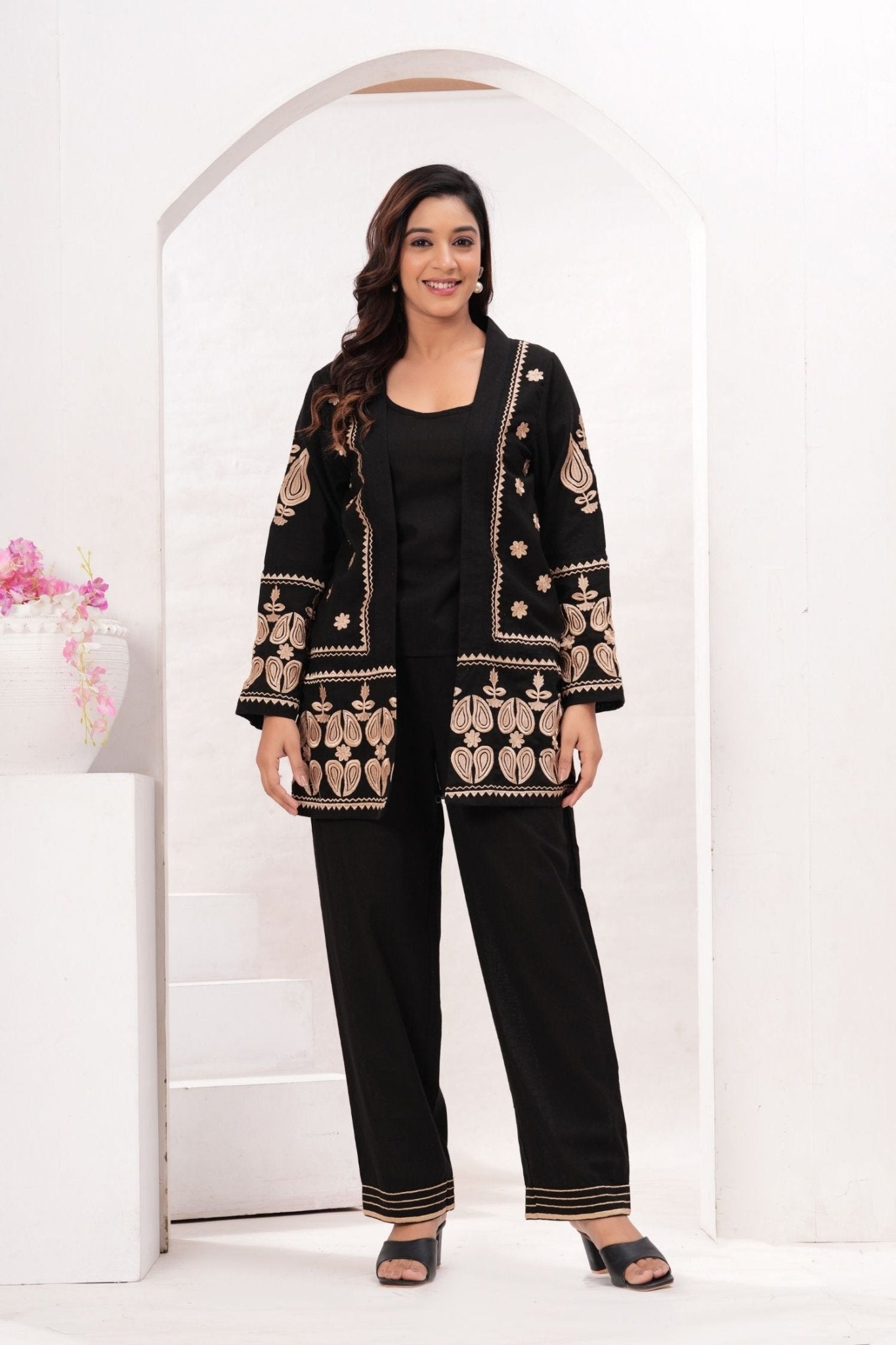 Black Embroidered Jacket Co-ord Set - Freyaa USA & Canada