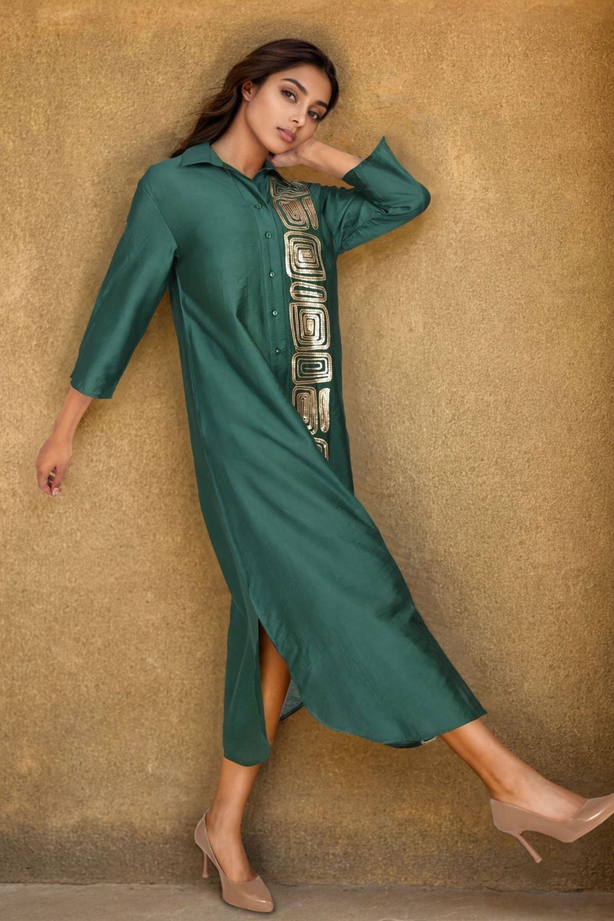 Green Satin Long Dress with Artistic Block Print Work - Freyaa USA & Canada