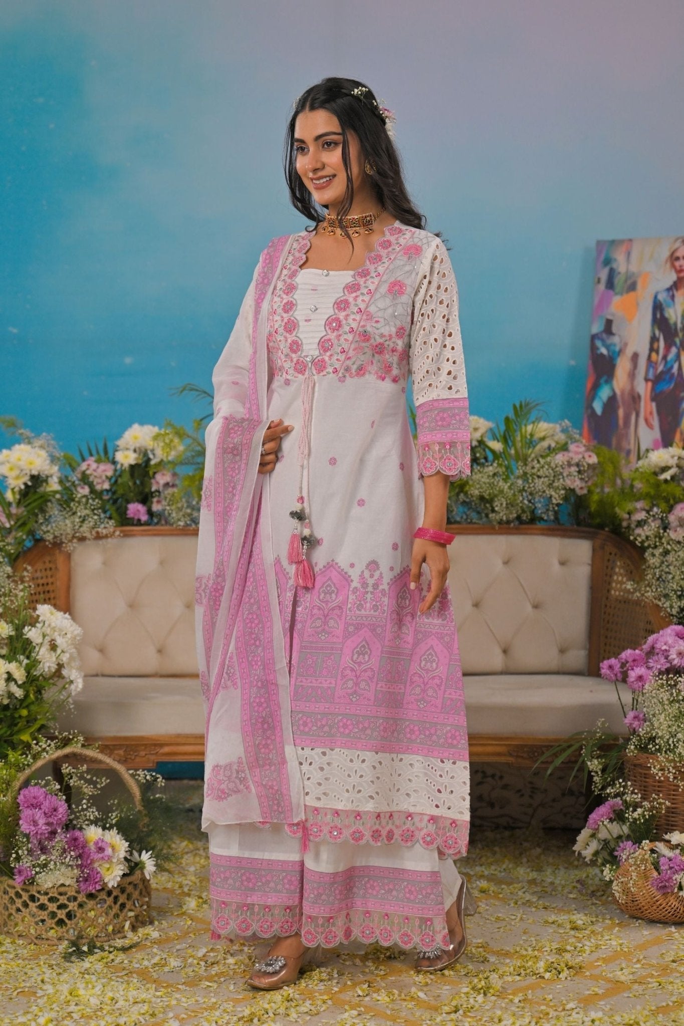 White & Pink Printed Cotton Kurta Three-Piece Set with Dupatta - Freyaa USA & Canada