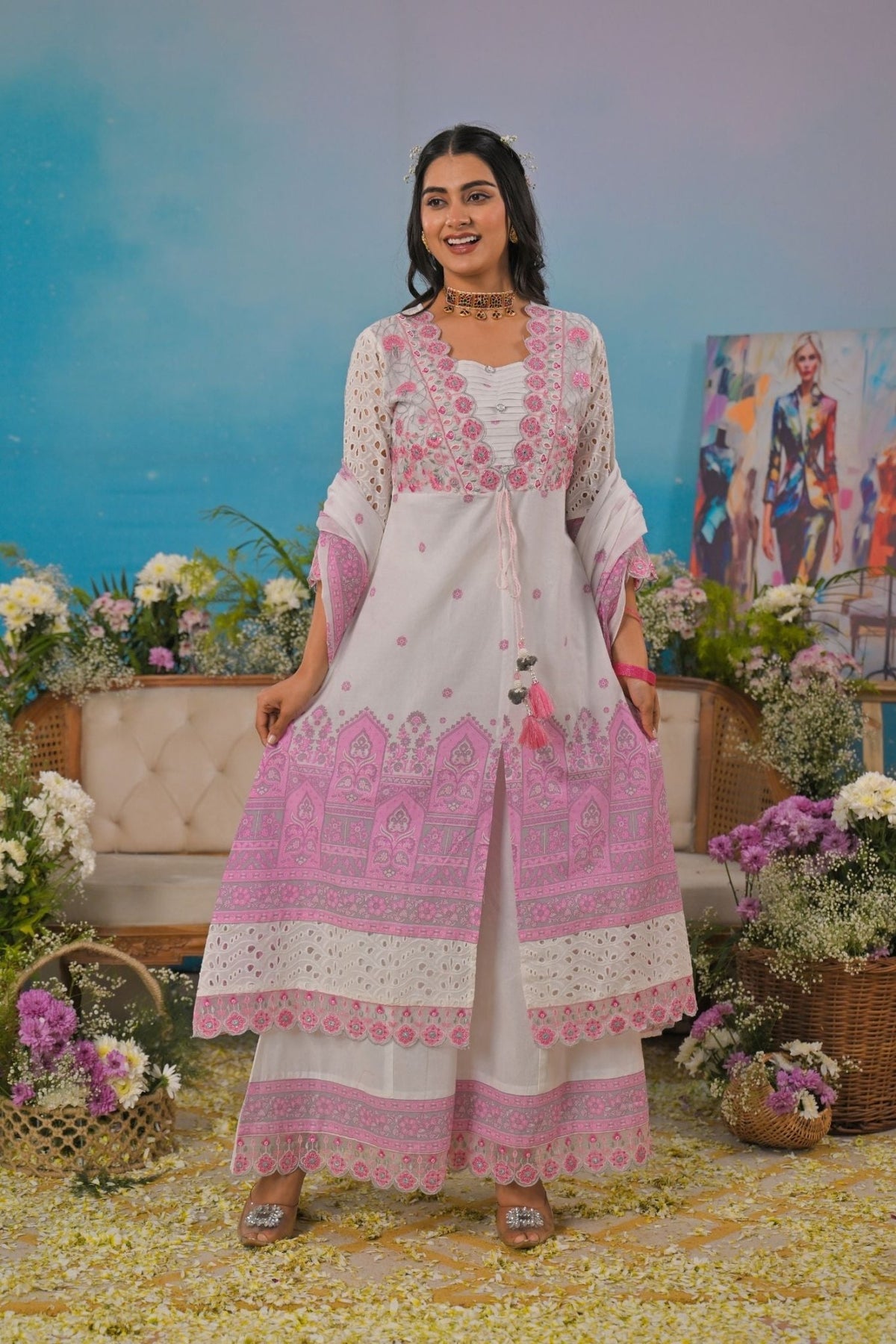 White & Pink Printed Cotton Kurta Three-Piece Set with Dupatta - Freyaa USA & Canada