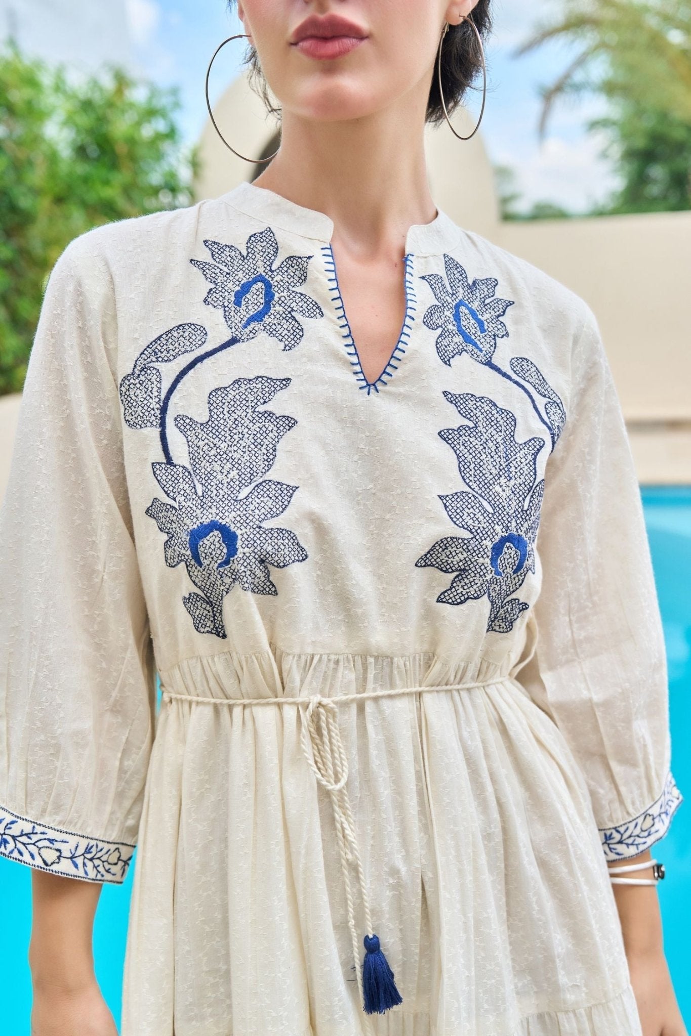 Blue Thread Embroidery Tunic - Freyaa USA & Canada