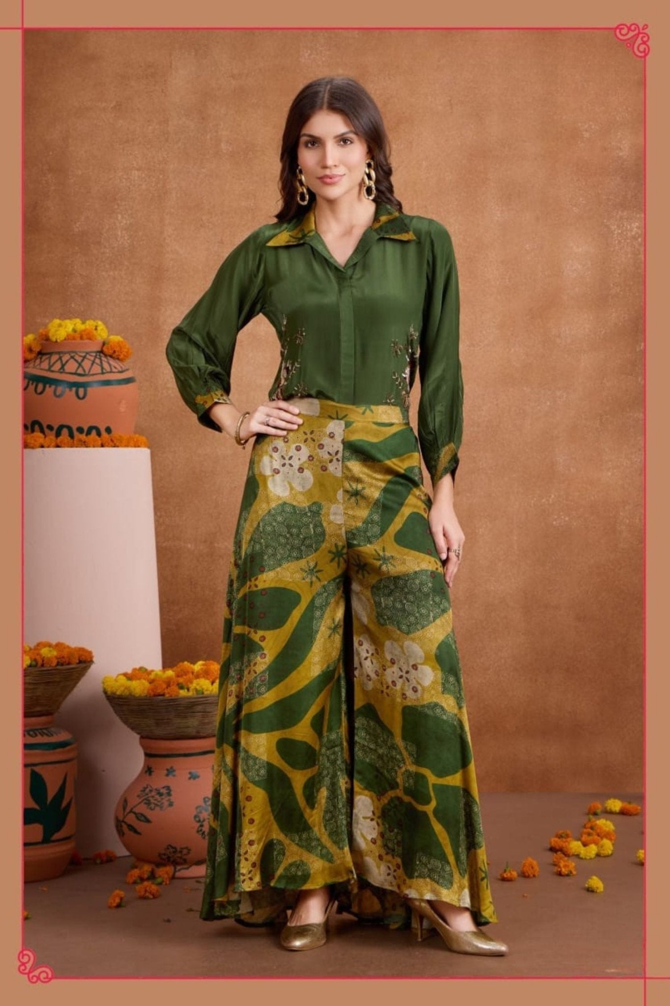 Green Grace Satin Top And Embroidered Cord Set - Freyaa USA & Canada