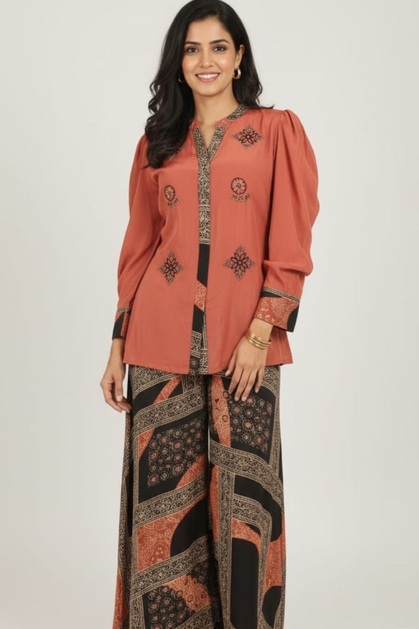 Brown Embroidered Top Printed Bottom Cord Set - Freyaa USA & Canada