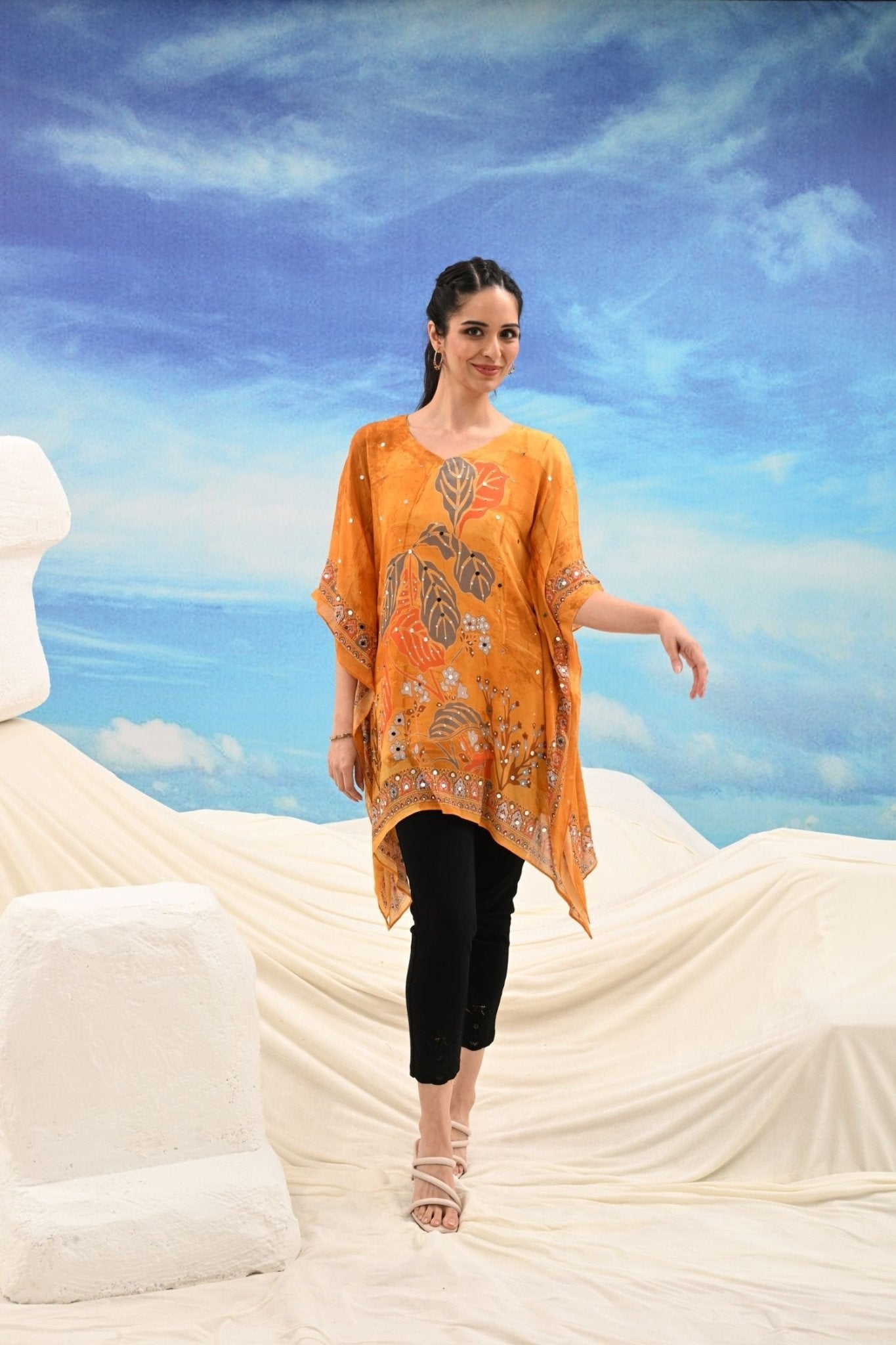 Mustard Mirror Work Embroidered Short Kaftan - Freyaa USA & Canada