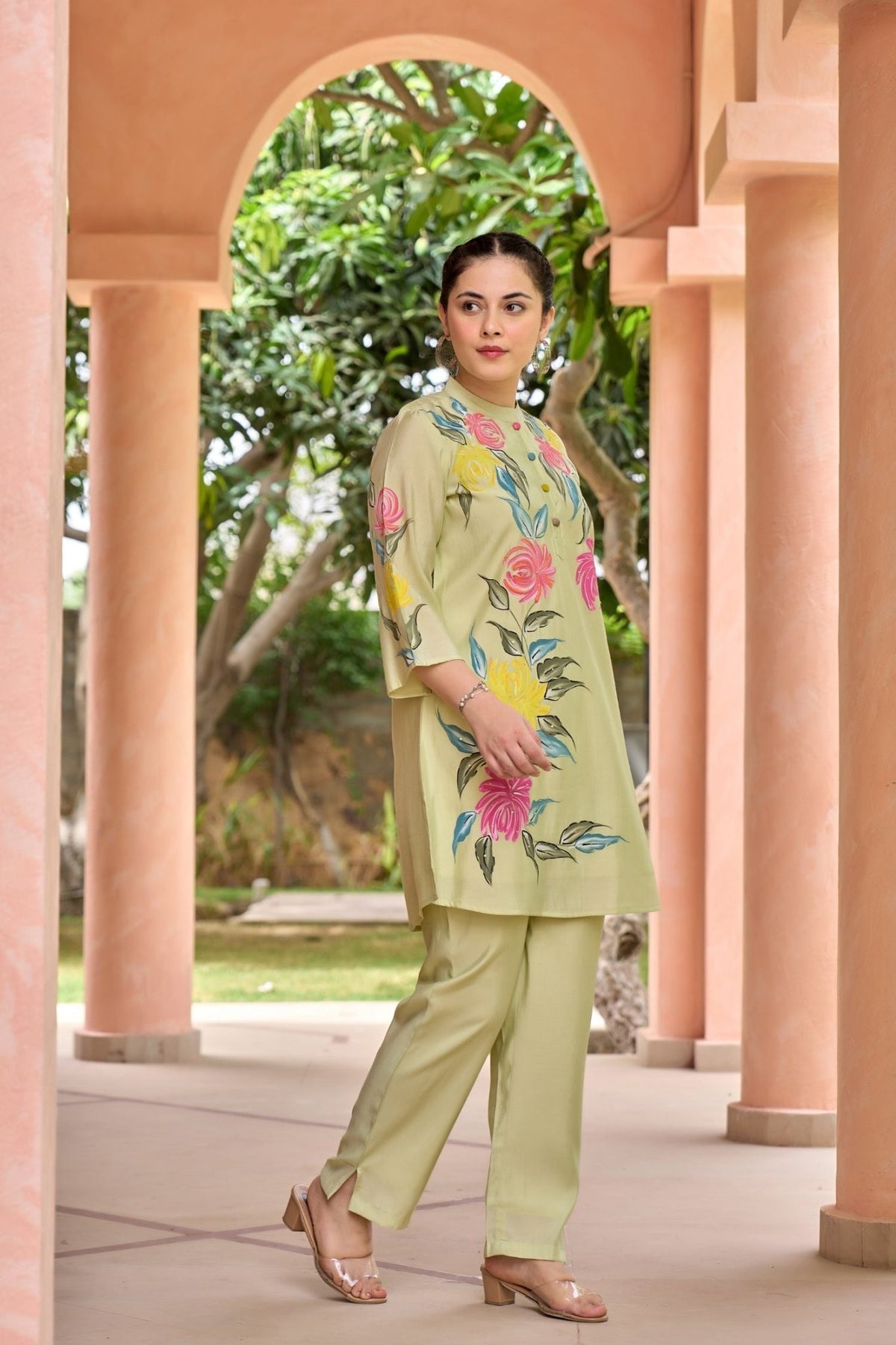 Pista Green Cord Set with Floral Print Top and Solid Bottom - Freyaa USA & Canada