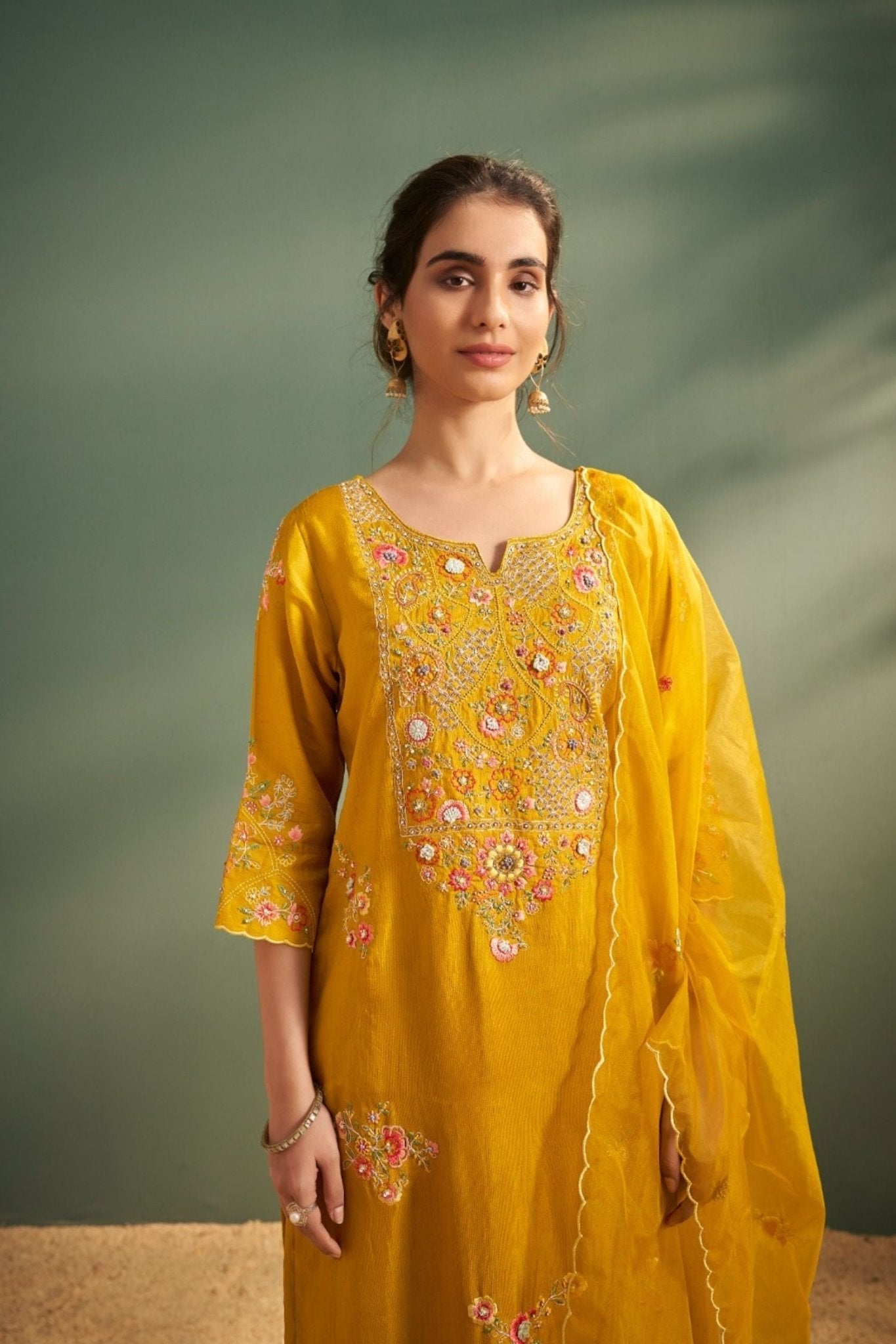 Mustard Straight Kurta Set with Detailed Neck Embroidery & Dupatta - Freyaa USA & Canada