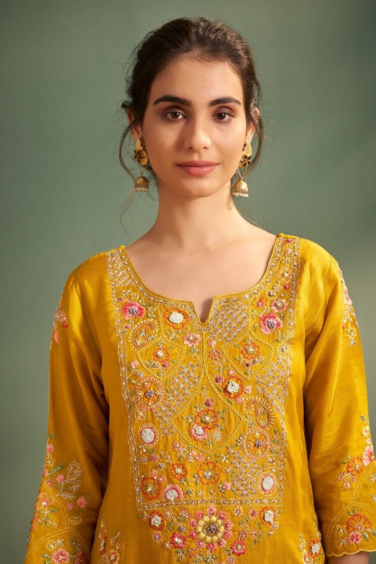 Mustard Straight Kurta Set with Detailed Neck Embroidery & Dupatta - Freyaa USA & Canada