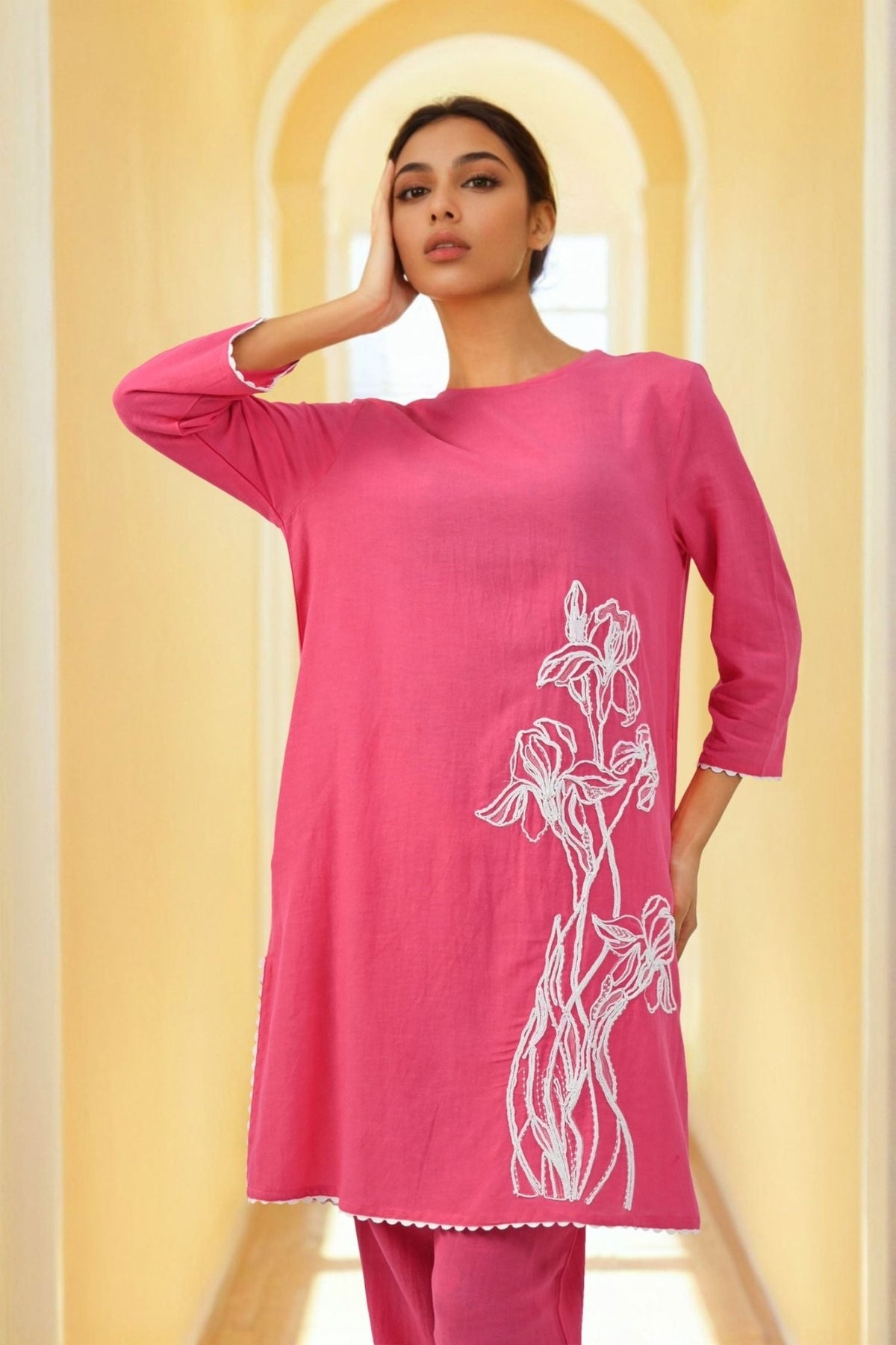 Pink Cord Set with Flower Patch and Thread Work Detailing - Freyaa USA & Canada