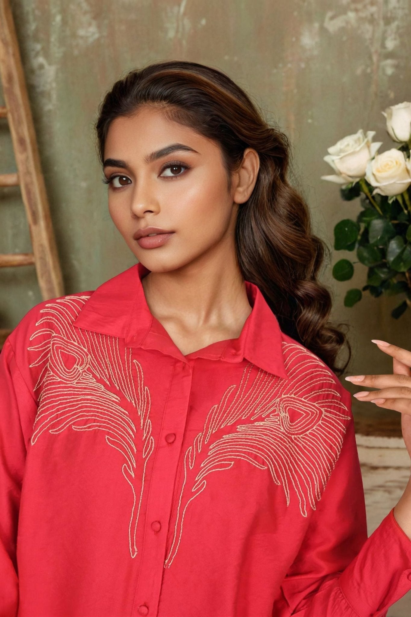 Red Full-Sleeve Shirt Featuring Delicate Embroidered Work - Freyaa USA & Canada