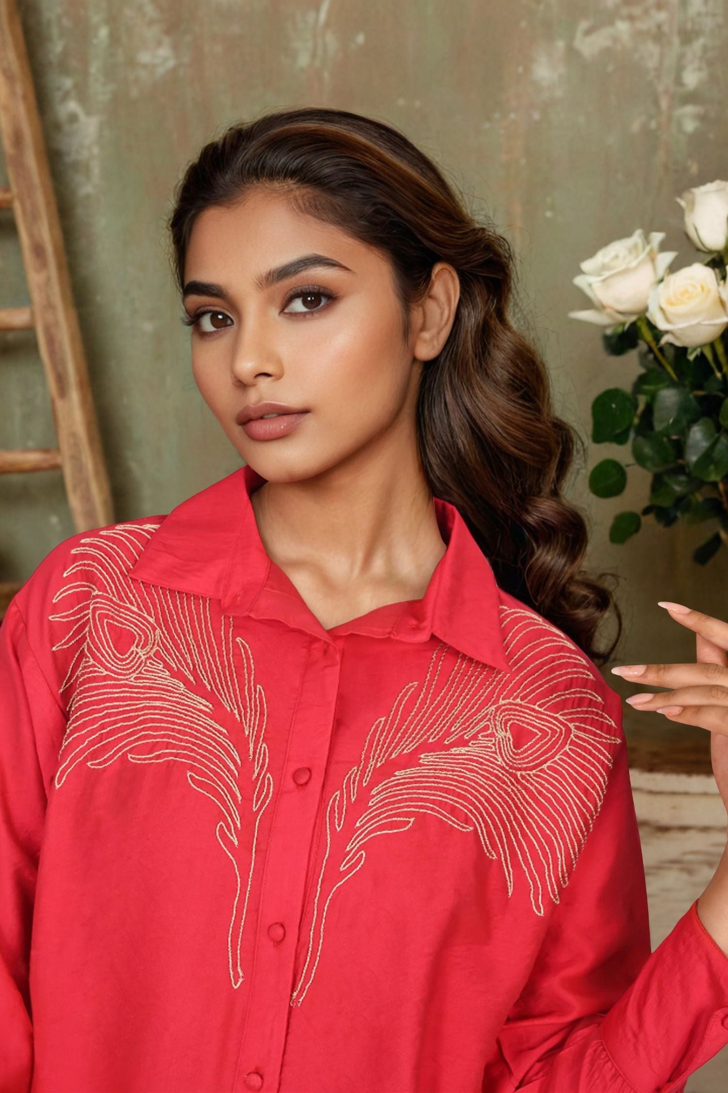 Red Full-Sleeve Shirt Featuring Delicate Embroidered Work