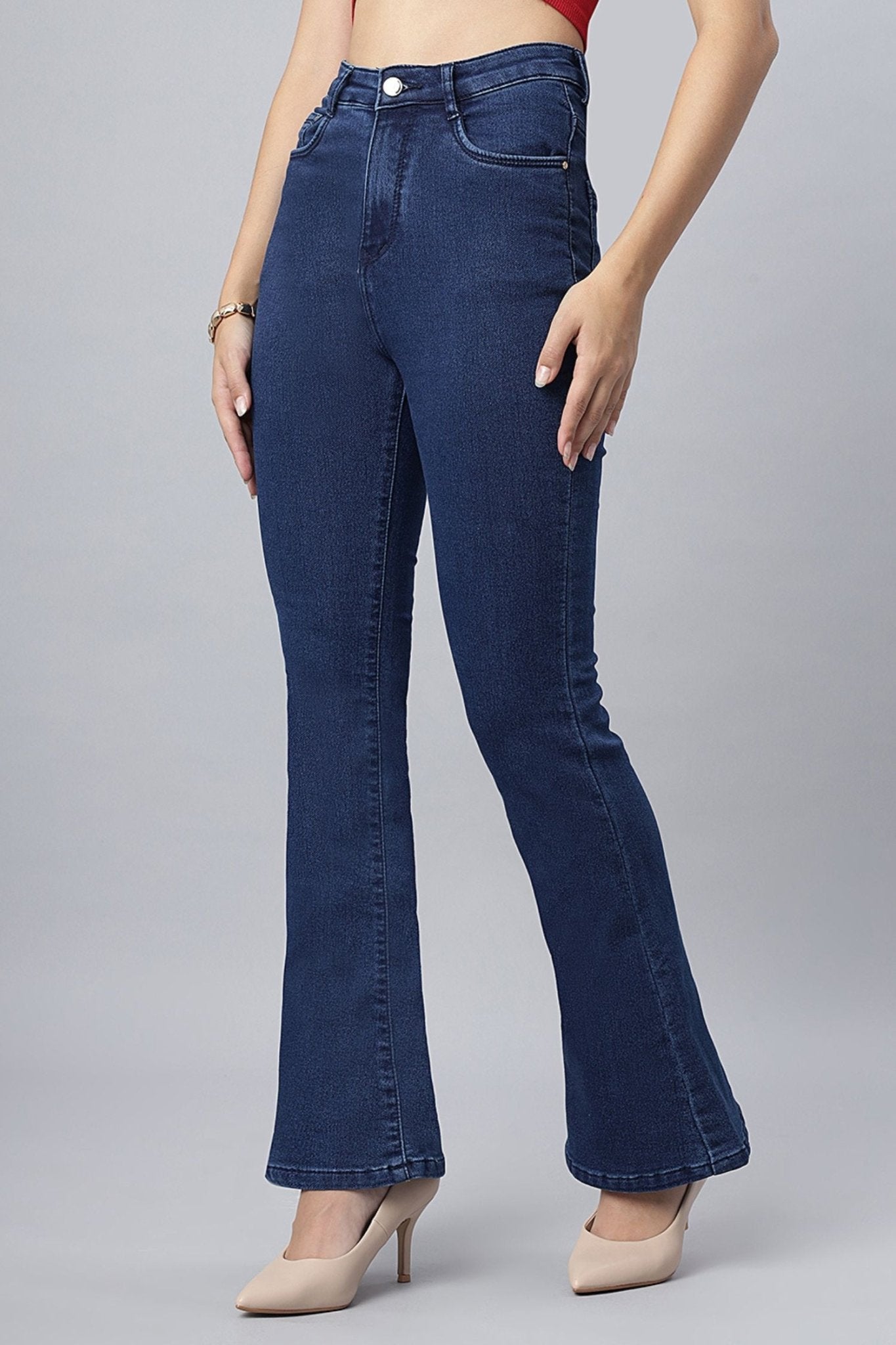 High-Rise Blue Denim Bootcut Jeans - Freyaa USA & Canada