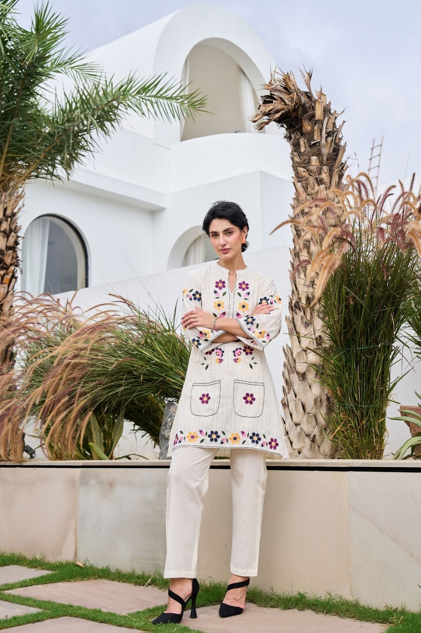 Off-White Cord Set Featuring Small Thread Work Flowers and Solid Pants - Freyaa USA & Canada