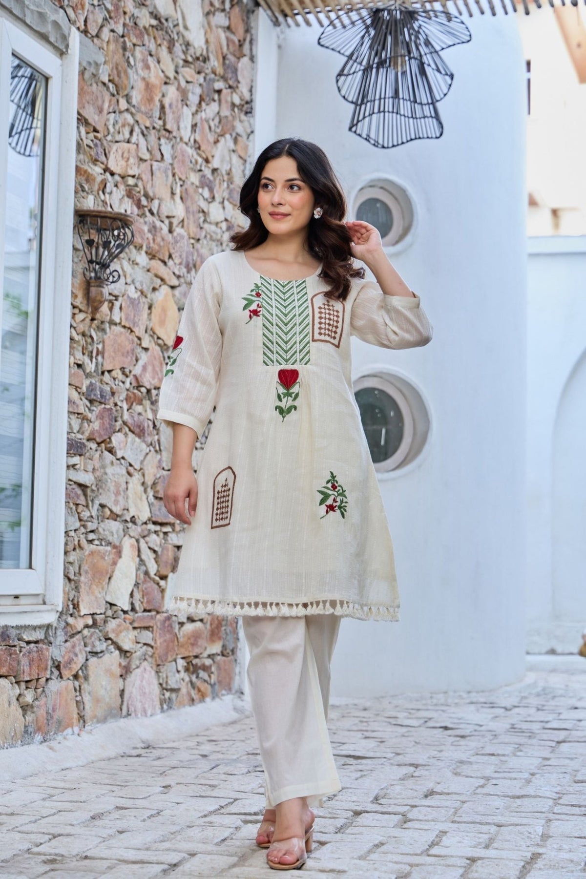 Off-White Cord Set Highlighted with Elegant Thread Embroidery - Freyaa USA & Canada