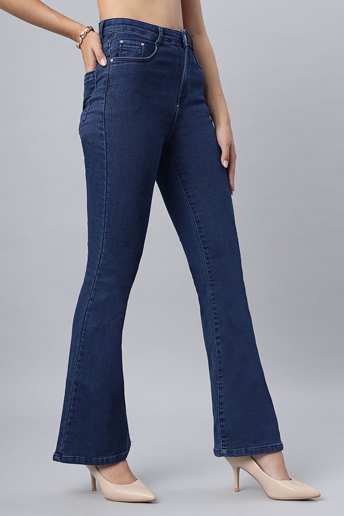 High-Rise Blue Denim Bootcut Jeans - Freyaa USA & Canada