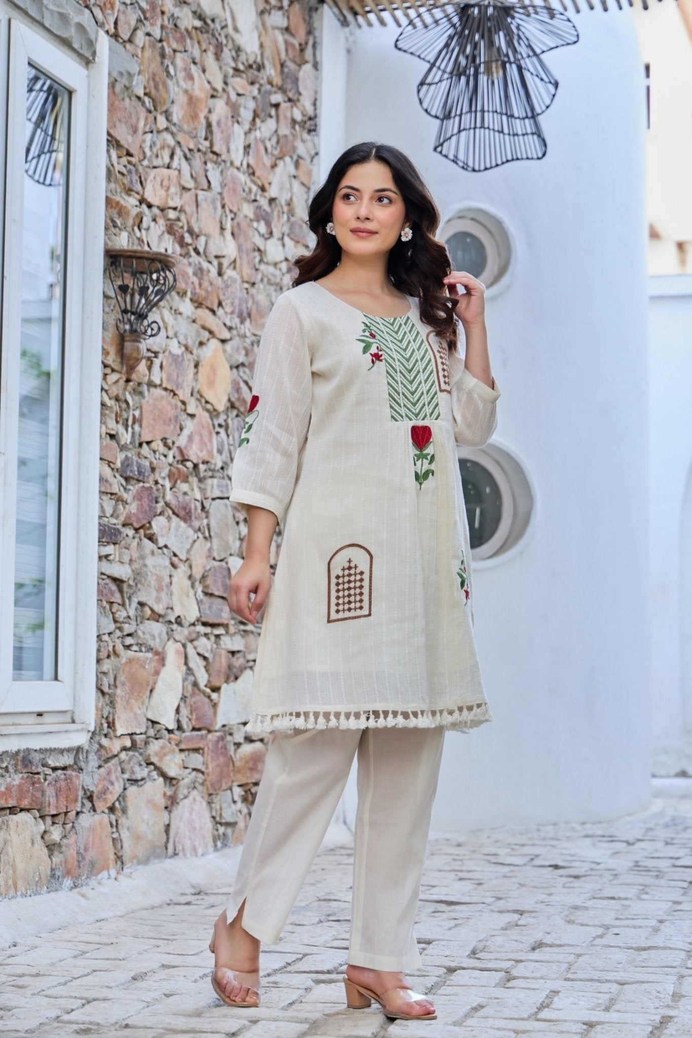 Off-White Cord Set Highlighted with Elegant Thread Embroidery - Freyaa USA & Canada