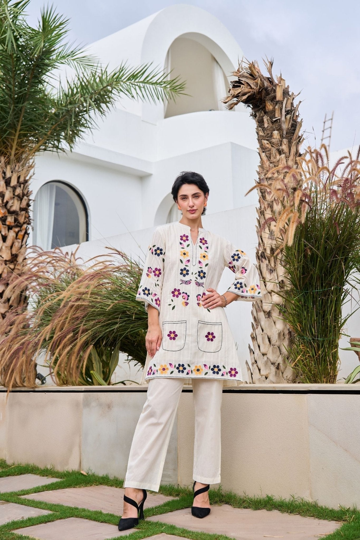 Off-White Cord Set Featuring Small Thread Work Flowers and Solid Pants - Freyaa USA & Canada