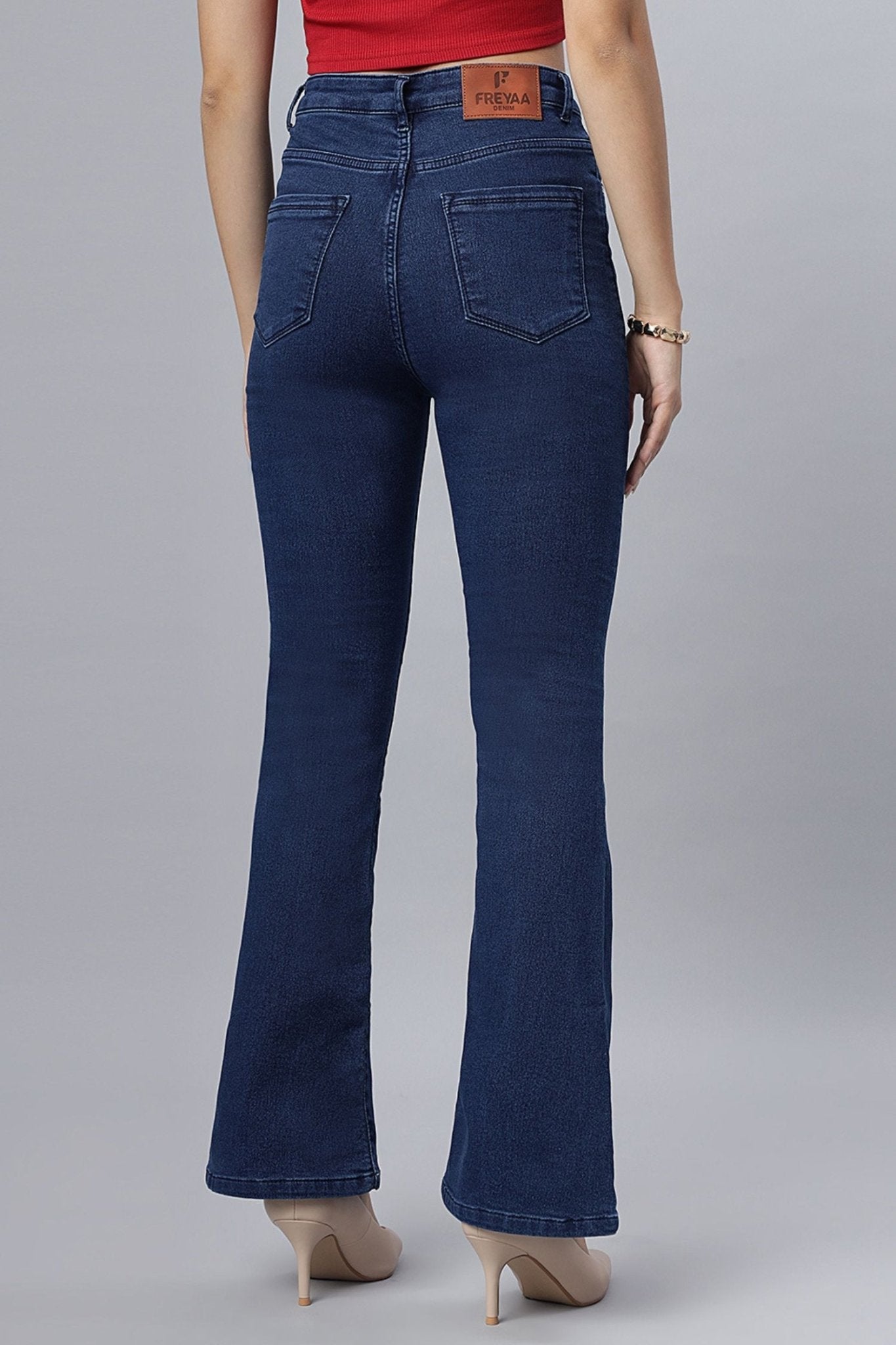 High-Rise Blue Denim Bootcut Jeans - Freyaa USA & Canada