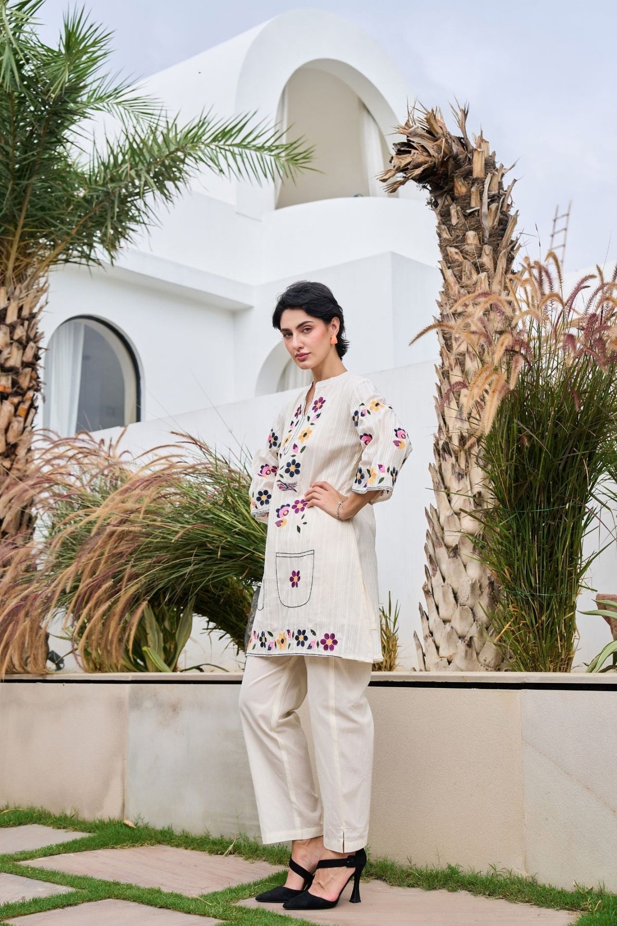 Off-White Cord Set Featuring Small Thread Work Flowers and Solid Pants - Freyaa USA & Canada