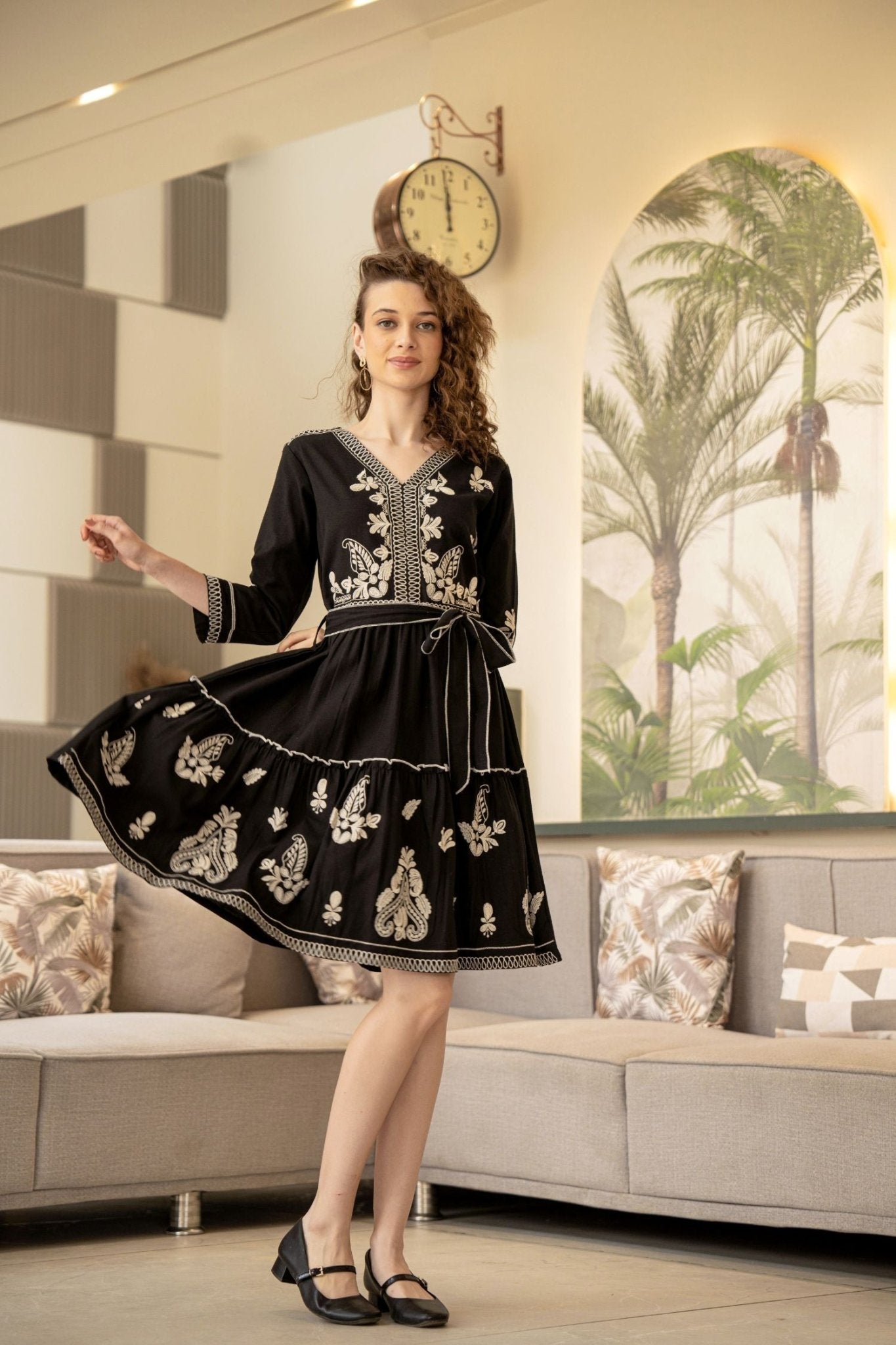 Tailored Black Tunic with Belt Detail - Freyaa USA & Canada