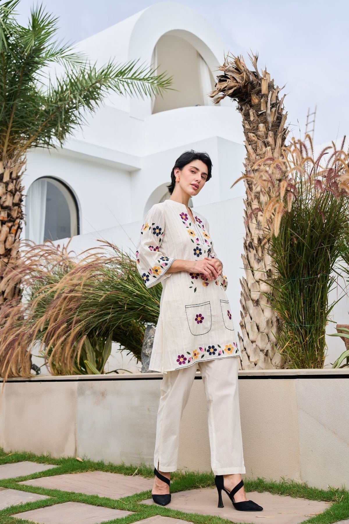 Off-White Cord Set Featuring Small Thread Work Flowers and Solid Pants - Freyaa USA & Canada
