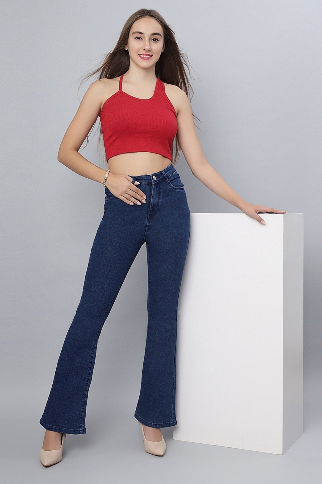 High-Rise Blue Denim Bootcut Jeans - Freyaa USA & Canada