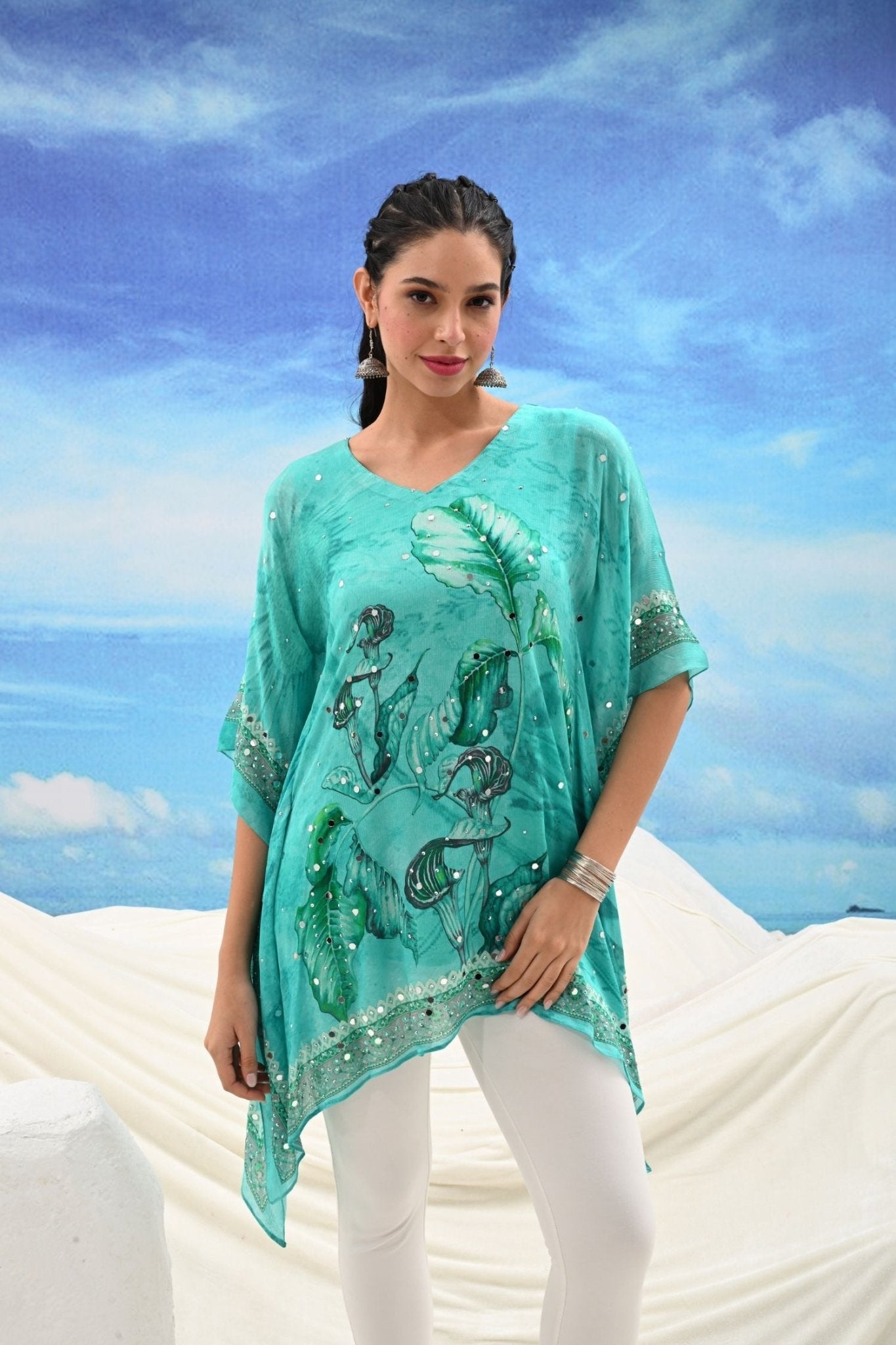 Turquoise Viscose Embroidered Kaftan Dress - Freyaa USA & Canada