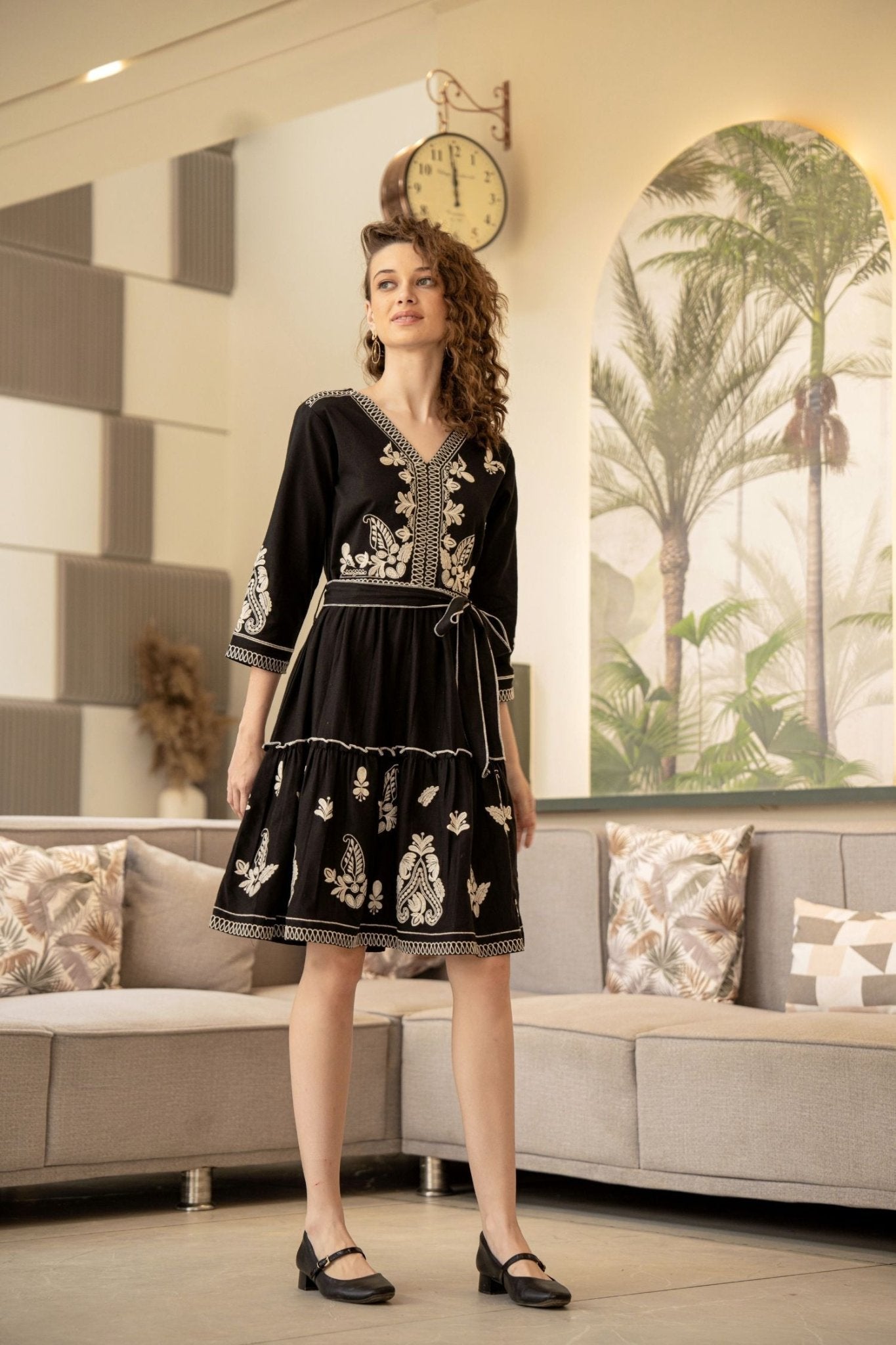 Tailored Black Tunic with Belt Detail - Freyaa USA & Canada