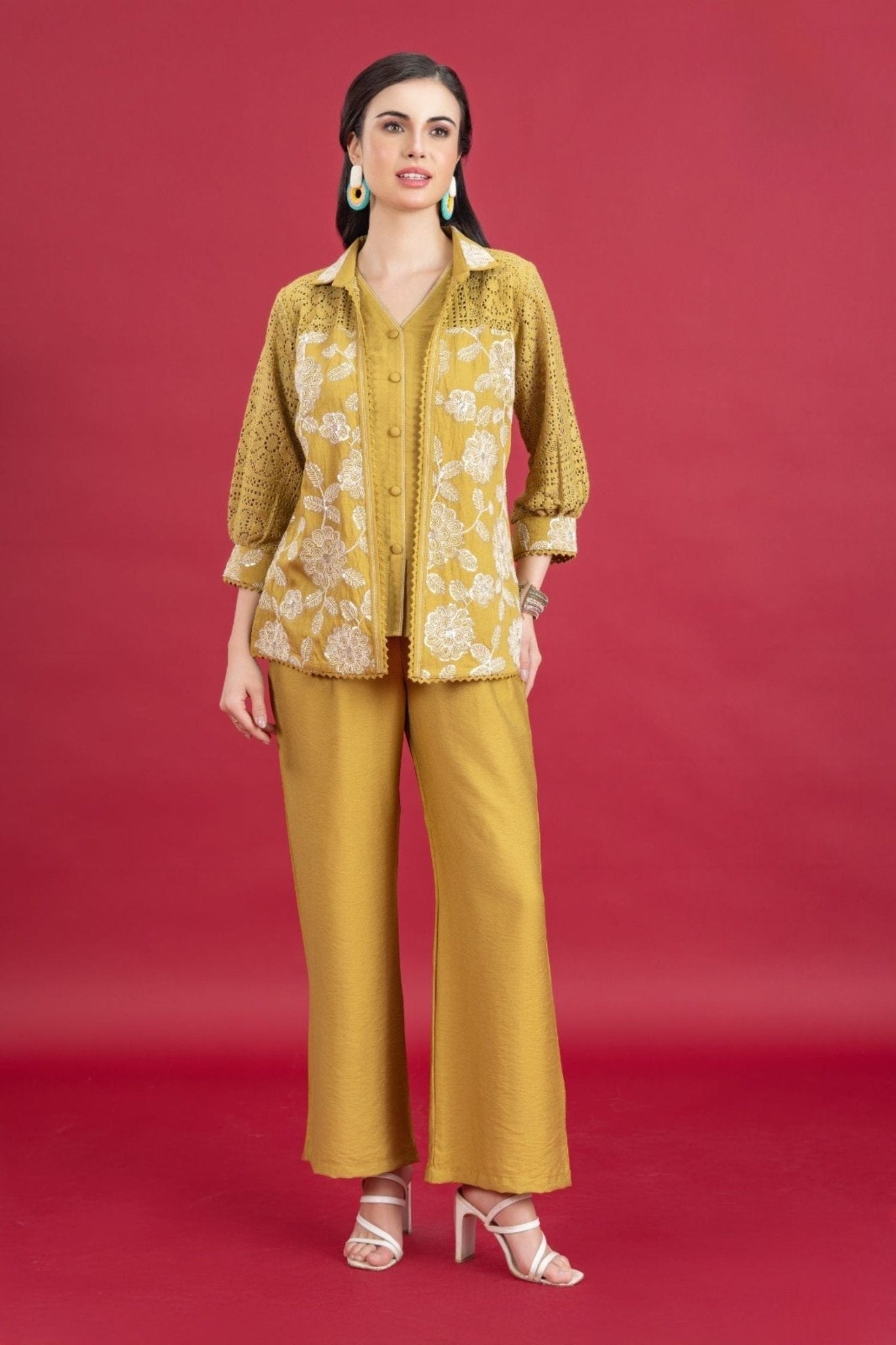 Yellow Cotton Cord Set with Matching Jacket and Solid Pants - Freyaa USA & Canada