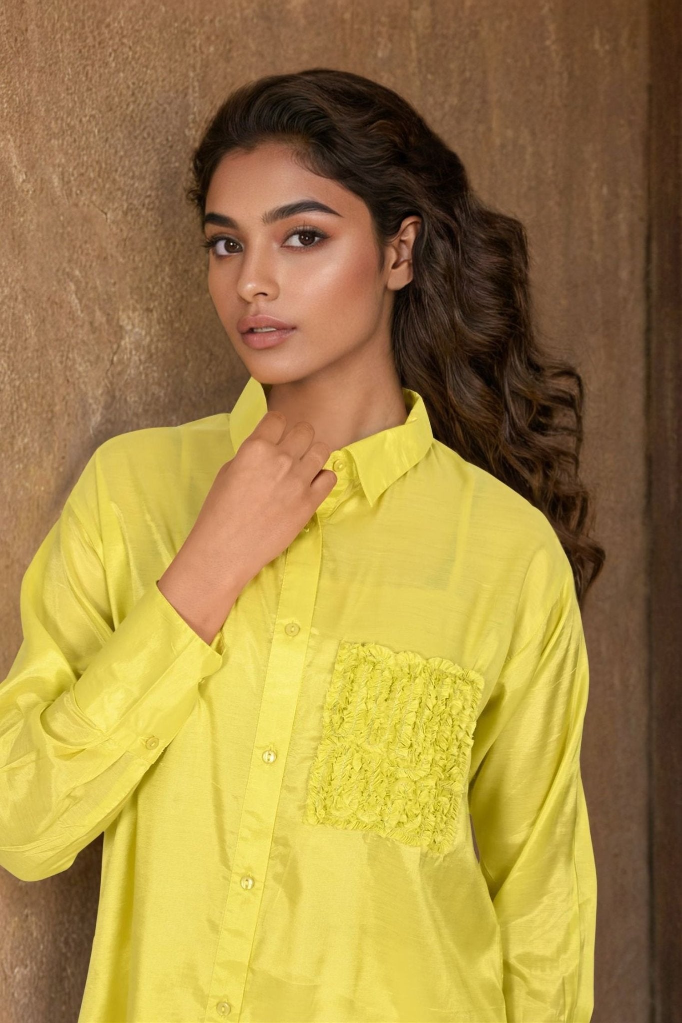 Yellow High-Low Shirt with Embroidered Pocket - Freyaa USA & Canada