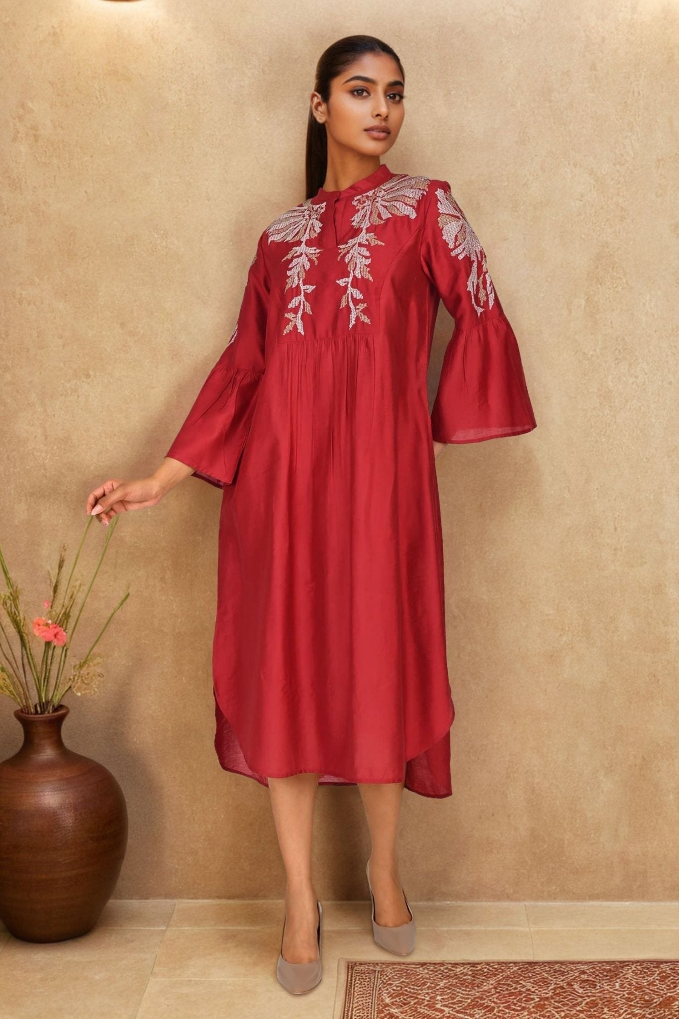 Maroon Elegance Satin Embroidered Long Dress - Freyaa USA & Canada