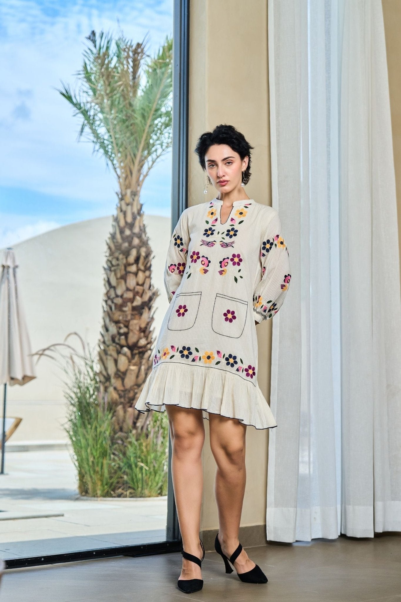 Off-White Tunic with Graceful Floral Print Detailing - Freyaa USA & Canada