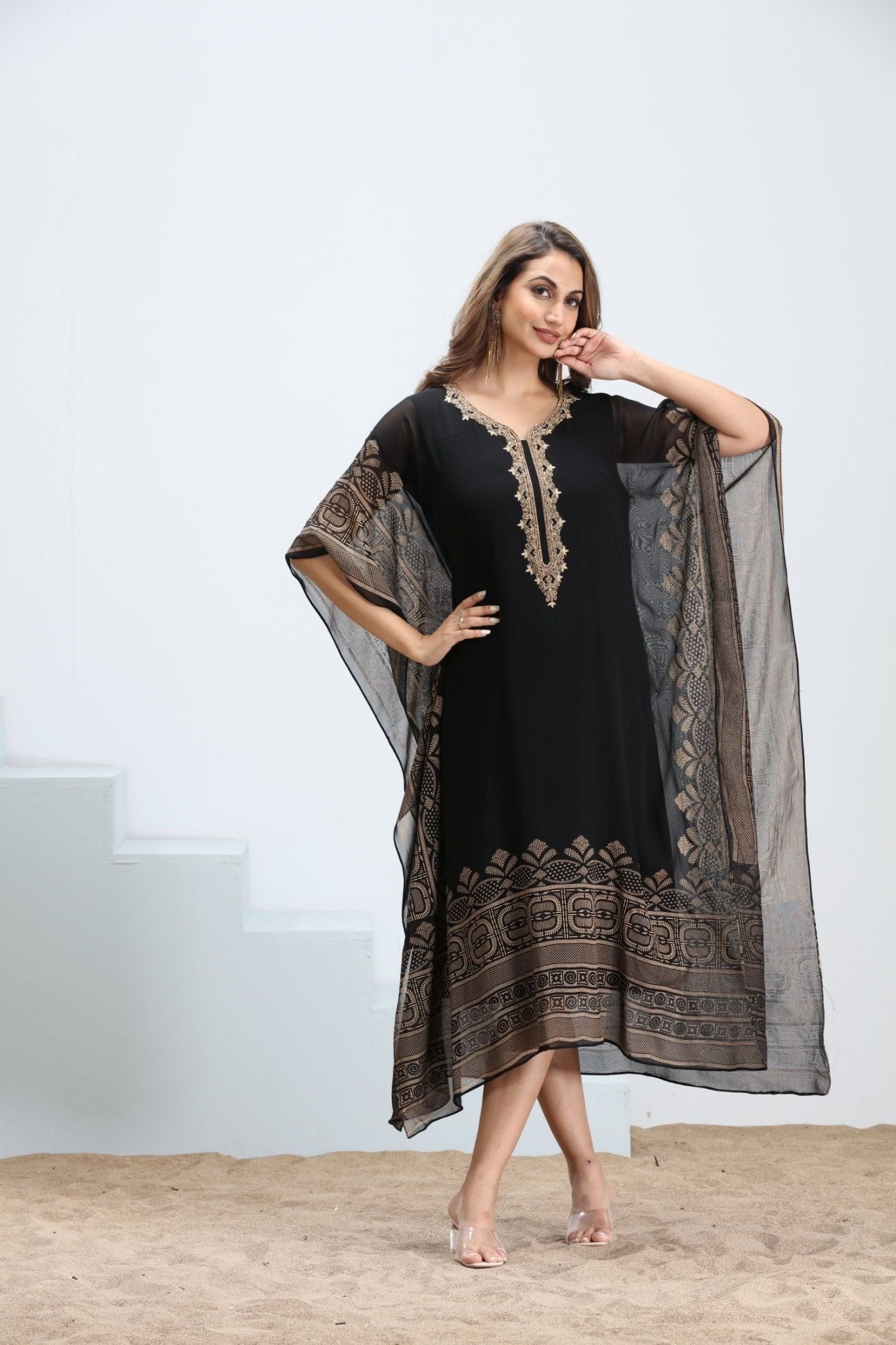 Golden Grace Viscose Embroidered Kaftan - Freyaa USA & Canada