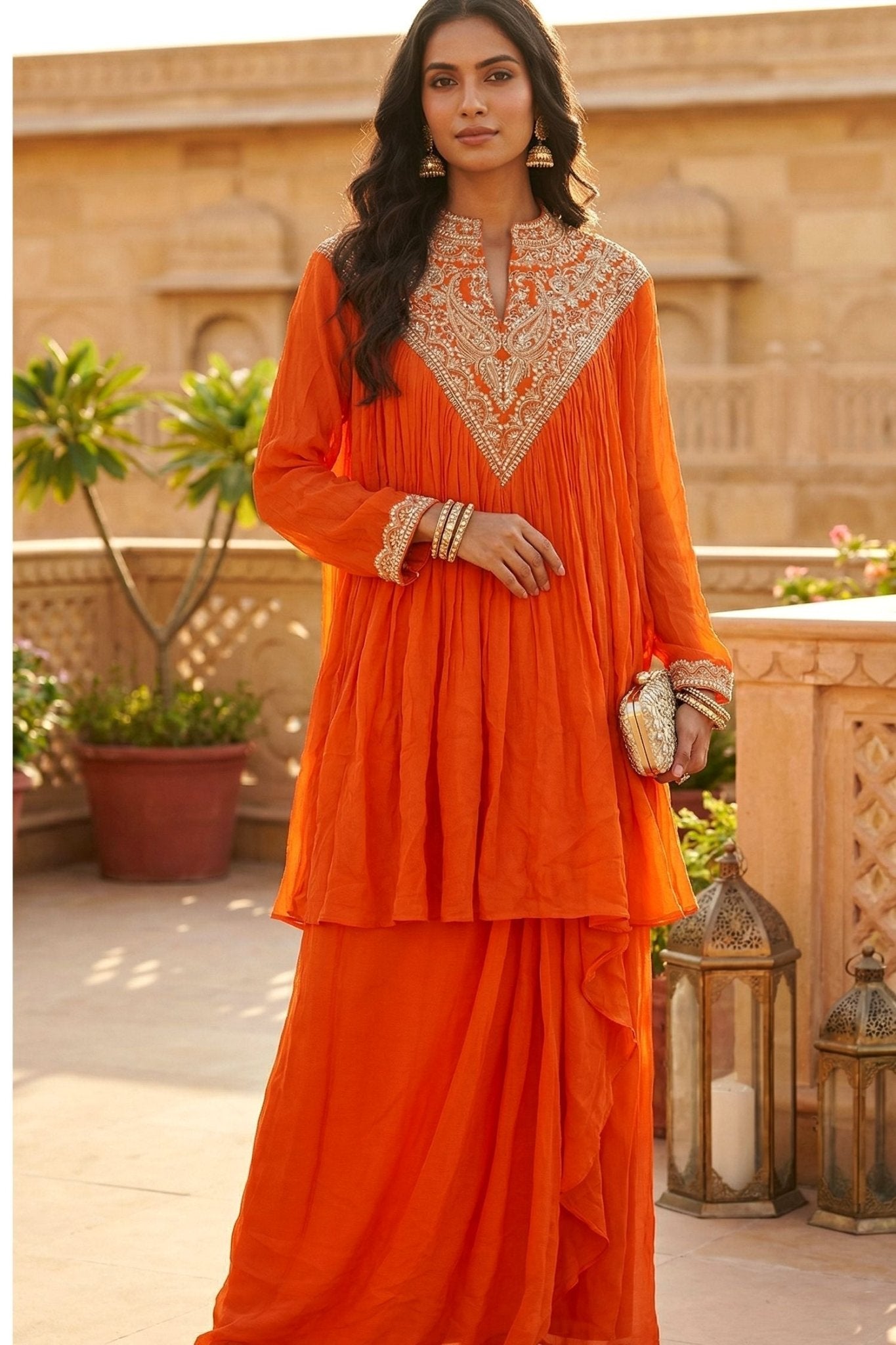 Orange Embroidered Neck Co-Ord Set with Sharara Bottom - Freyaa USA & Canada